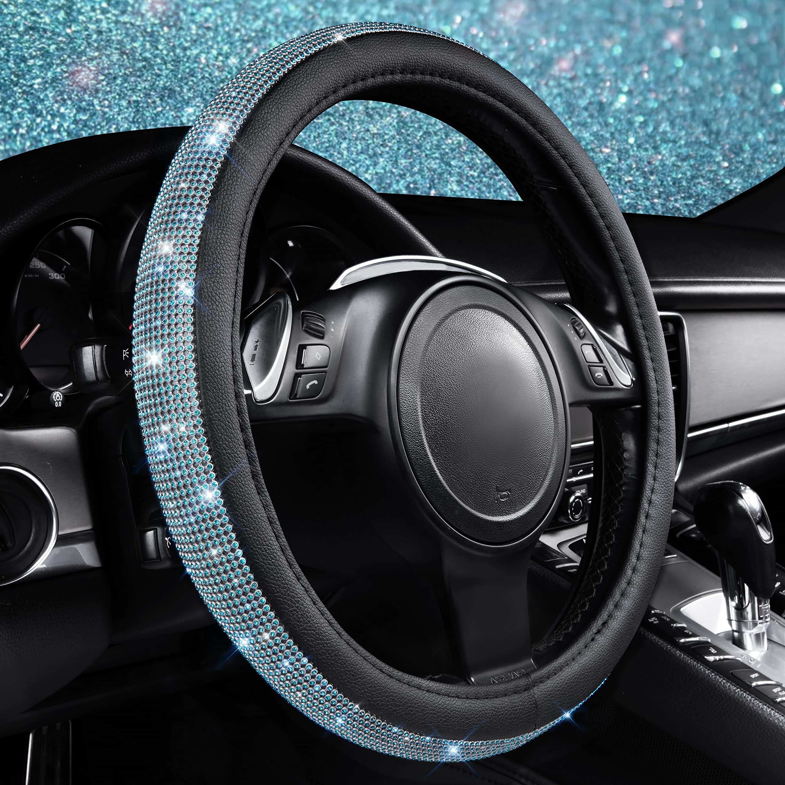 Car Pass Mint Diamond Black Leather Steering Wheel Cover, Bling Blue Crystal Rhinestones Universal Fit 14''1/2-15'' Crystal Glit