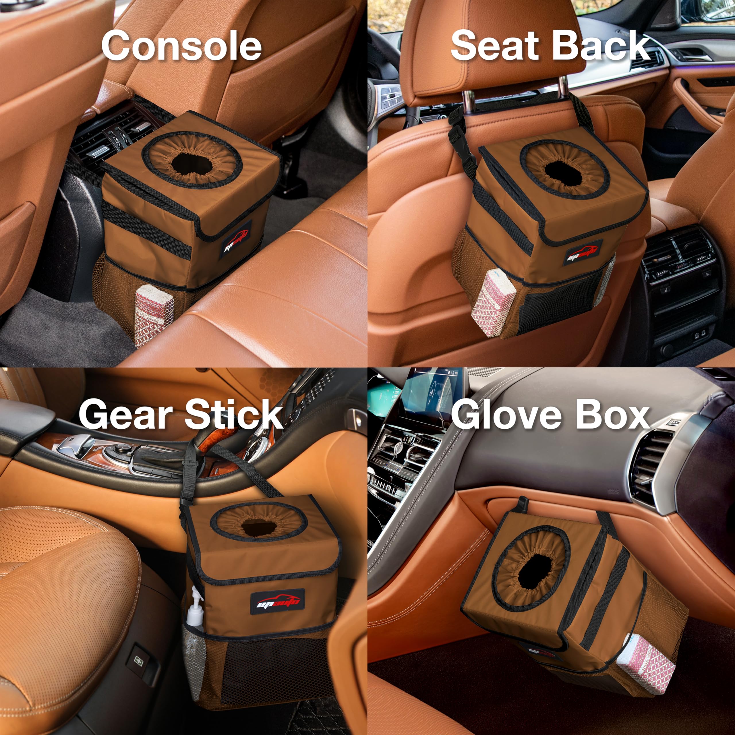 Epauto Waterproof Car Trash Can With Lid And Storage Pockets, Brown