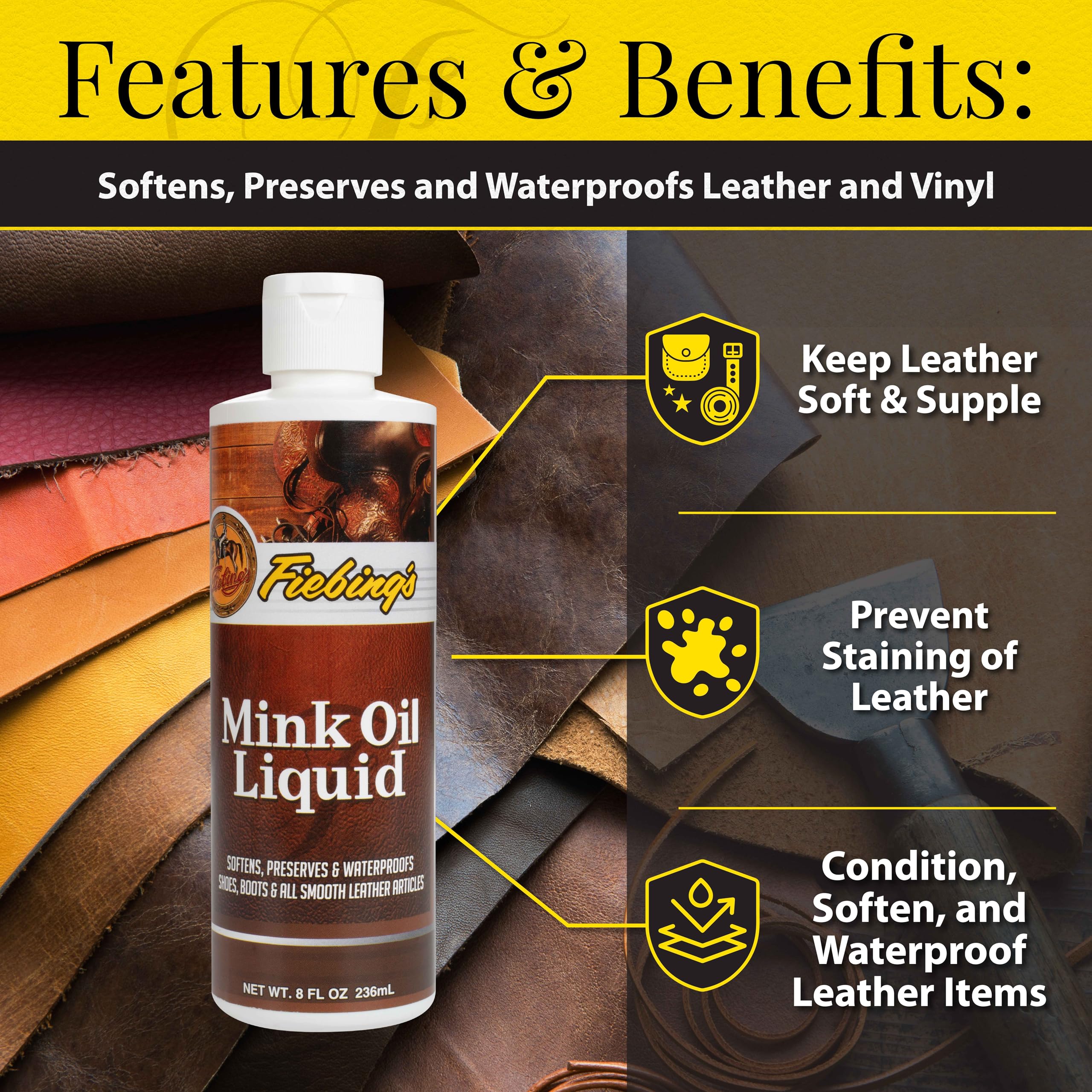 Fiebing's Liquid Mink Oil for Leather Boots (8 fl oz) - Leather Cleaner & Conditioner - Waterproof, Preserve, Soften All Smooth Leathercraft & Vinyl - Prevents Salt Stains - Use On Couch, Shoe, Purse