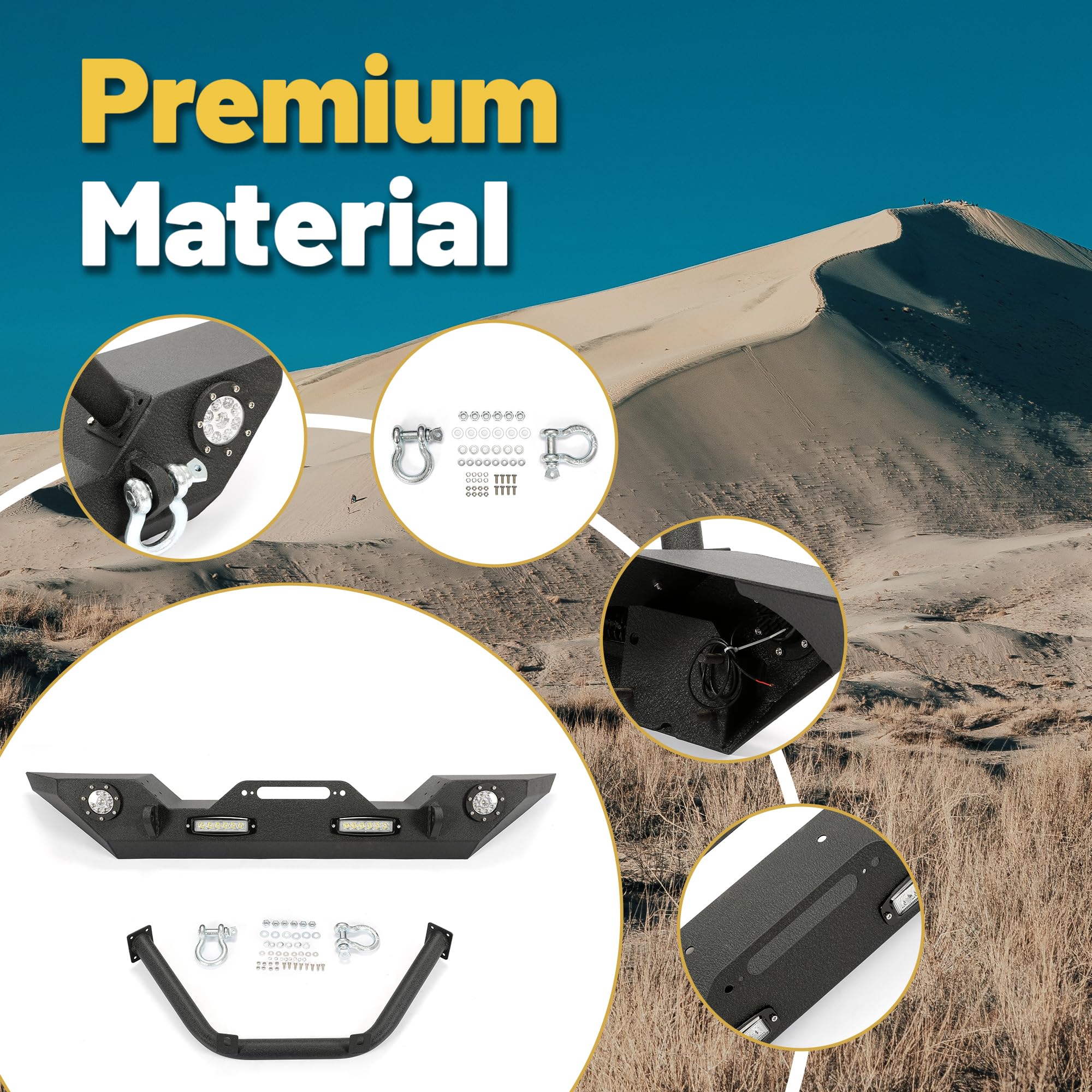 ECOTRIC Front Bumper Compatible with 2007-2022 Jeep Wrangler JK/JKU JL/JLU Gladiator JT With Winch Plate, LED Lights and D-rings