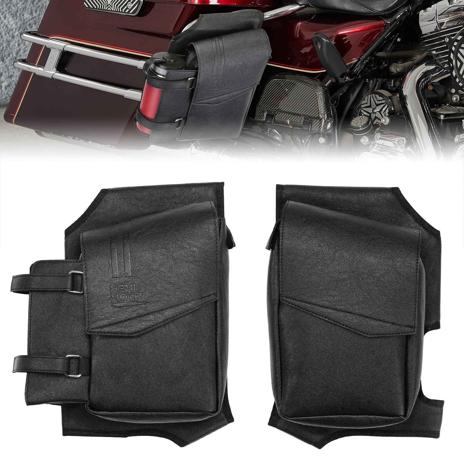 KEMIMOTO Side Saddlebag Guard Bag Organizer with Water Bottle Holder Faux Leather Compatible with Touring Road King Electra Glid