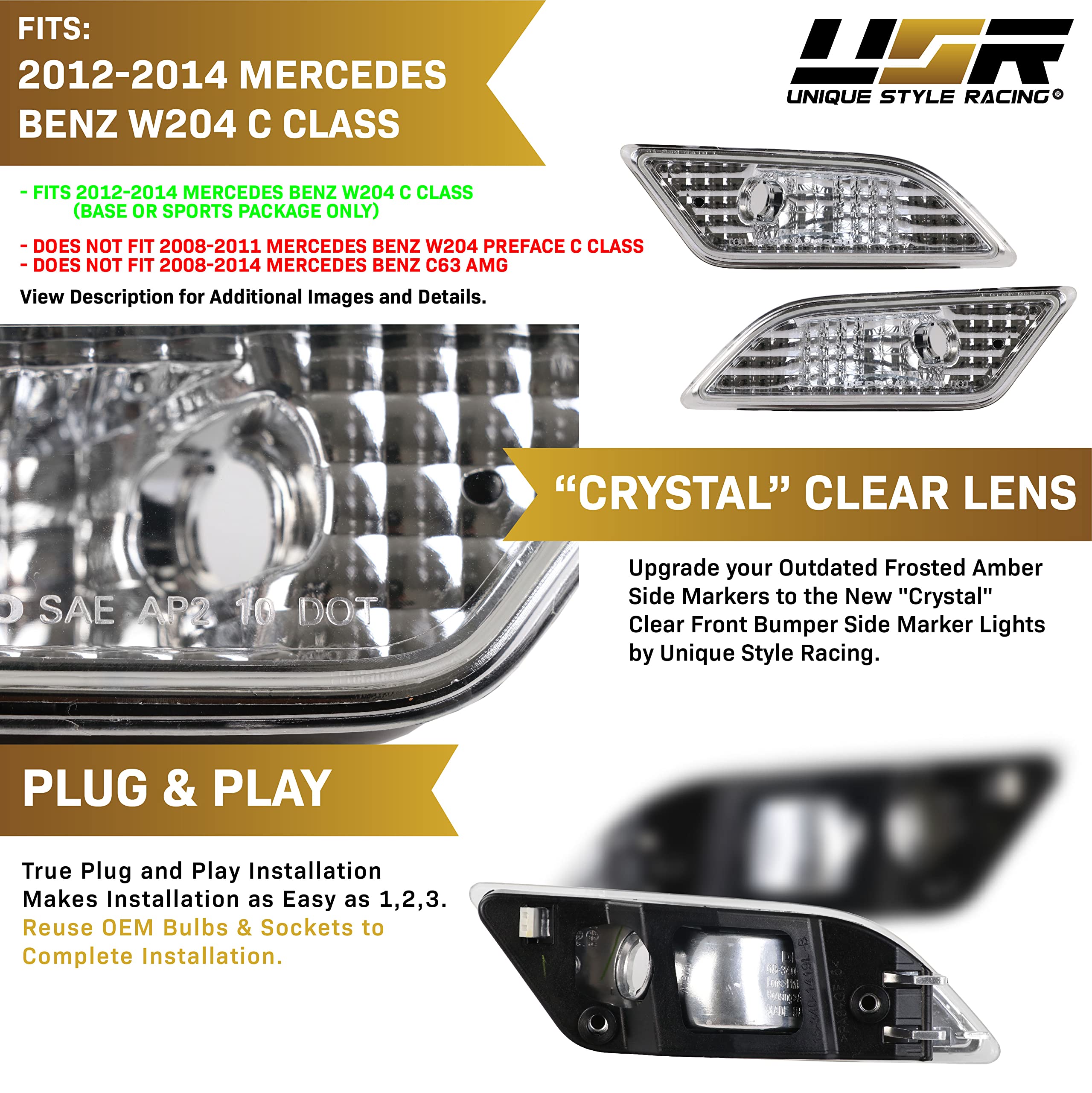 Usr Depo 12-14 W204 Clear Bumper Side Marker Light Assembly Set (Left + Right) Compatible For 2012-2014 Mercedes Benz W204