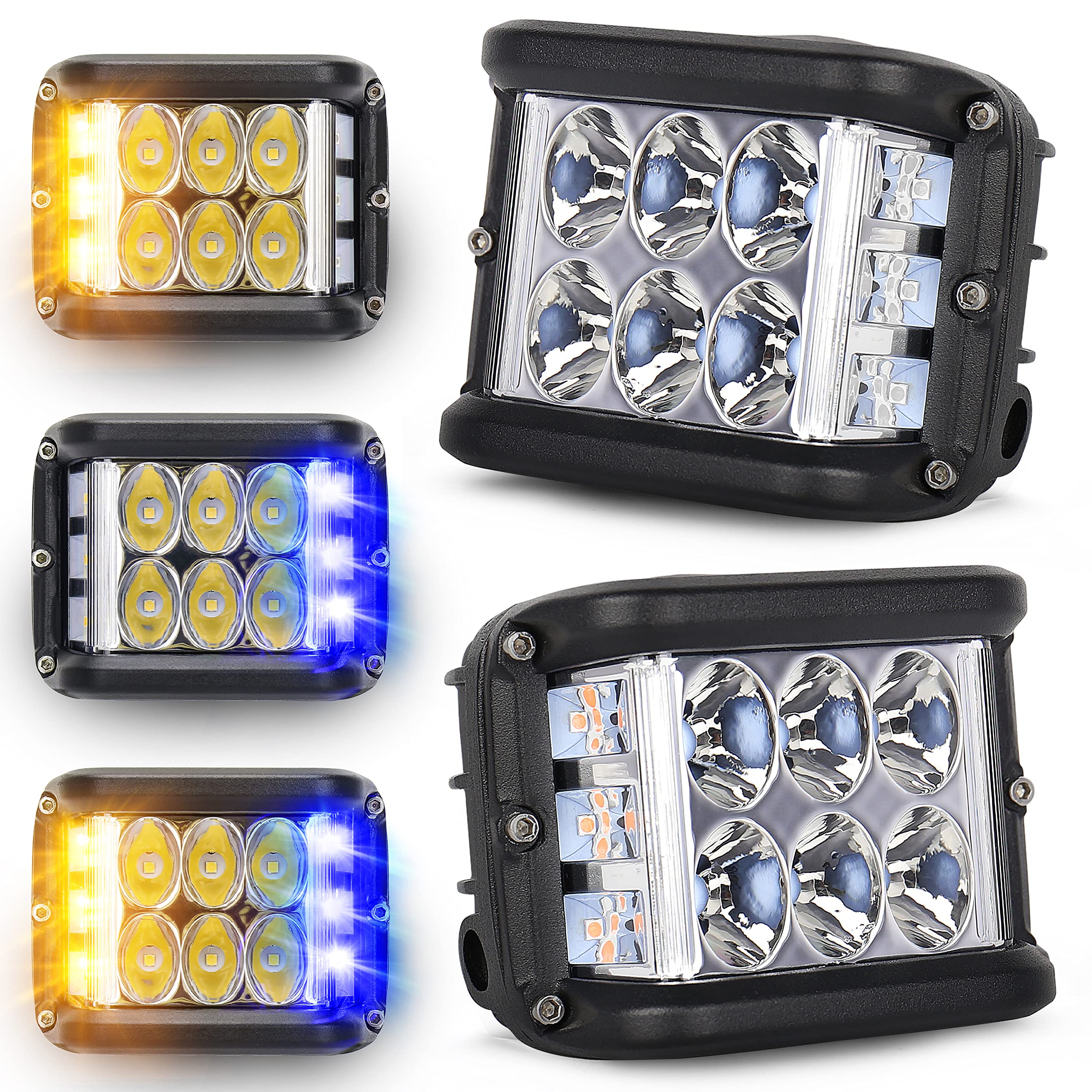 Hoyuza 4 Inch Led Pod Lights, Side Shooter Led Lights With Yellow& Blue Dual Color Strobe Led Cubes For Farm Tractor Plow Truck Atv Utv 4X4