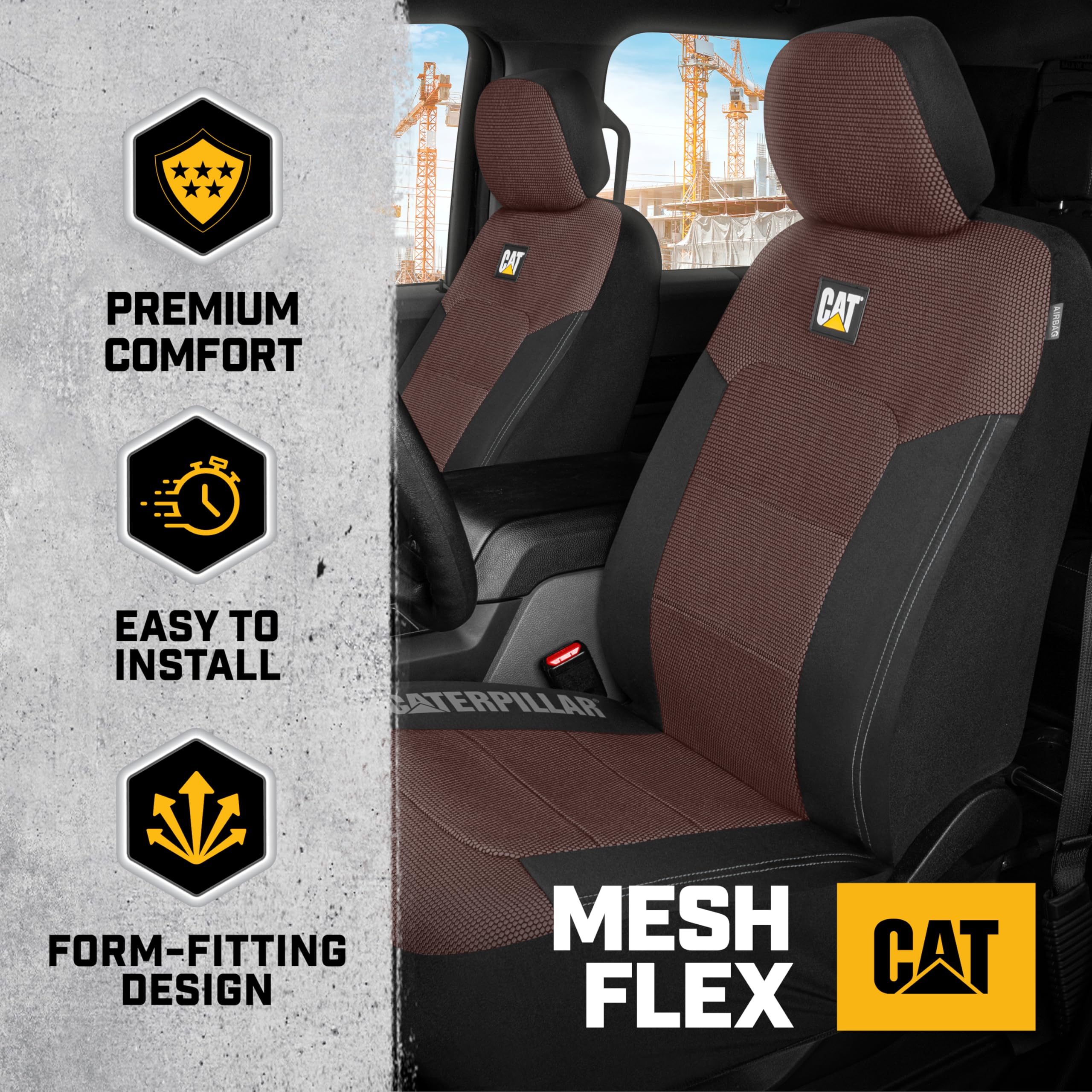 CAT Brown & Black Seat Covers for Cars, Trucks, & SUV - Set of (2) MeshFlex Car Seat Cover Front Seat Protectors - Airbag Compat
