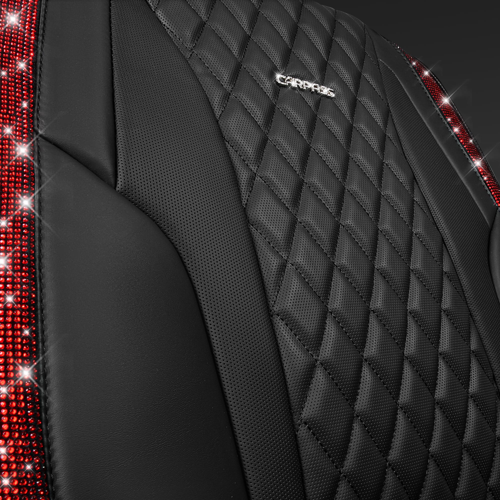 Car Pass Nappa Leather Bling Diamond Black Red Seat Covers Full Set, Waterproof Calfskin Heavy-Duty Anti-Slip, Universal Fit For