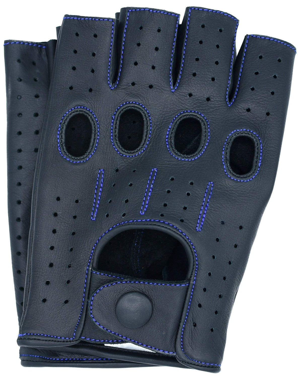 Riparo Motorsports Men's Fingerless Half Finger Driving Fitness Motorcycle Cycling Unlined Leather Gloves (Large, Black/Blue Thr