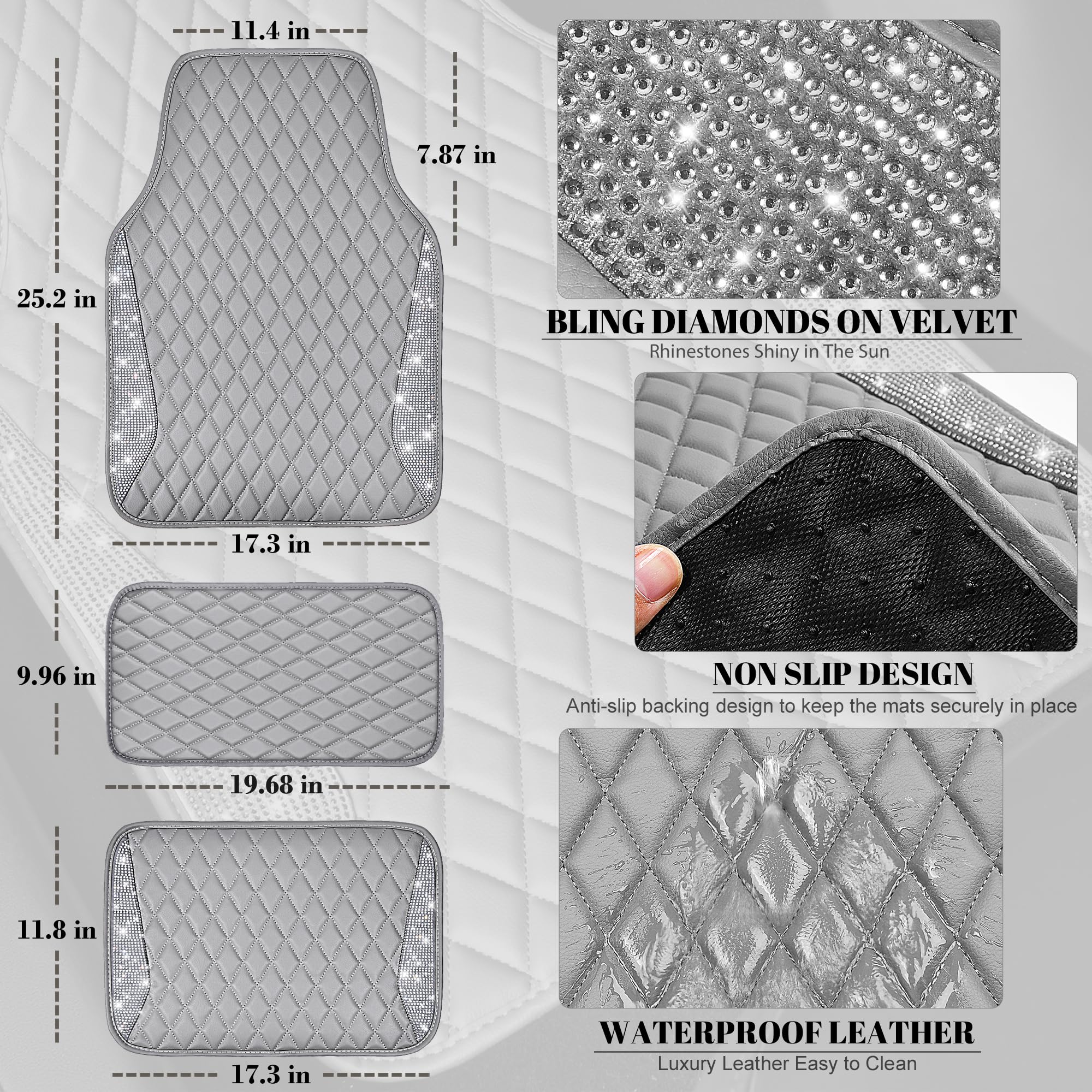 Car Pass Bling Diamond Car Mats Gray Leather Floor Mats Sparkly Glitter Crystal Shining Rhinestone Carpet Anti-Slip Waterproof P