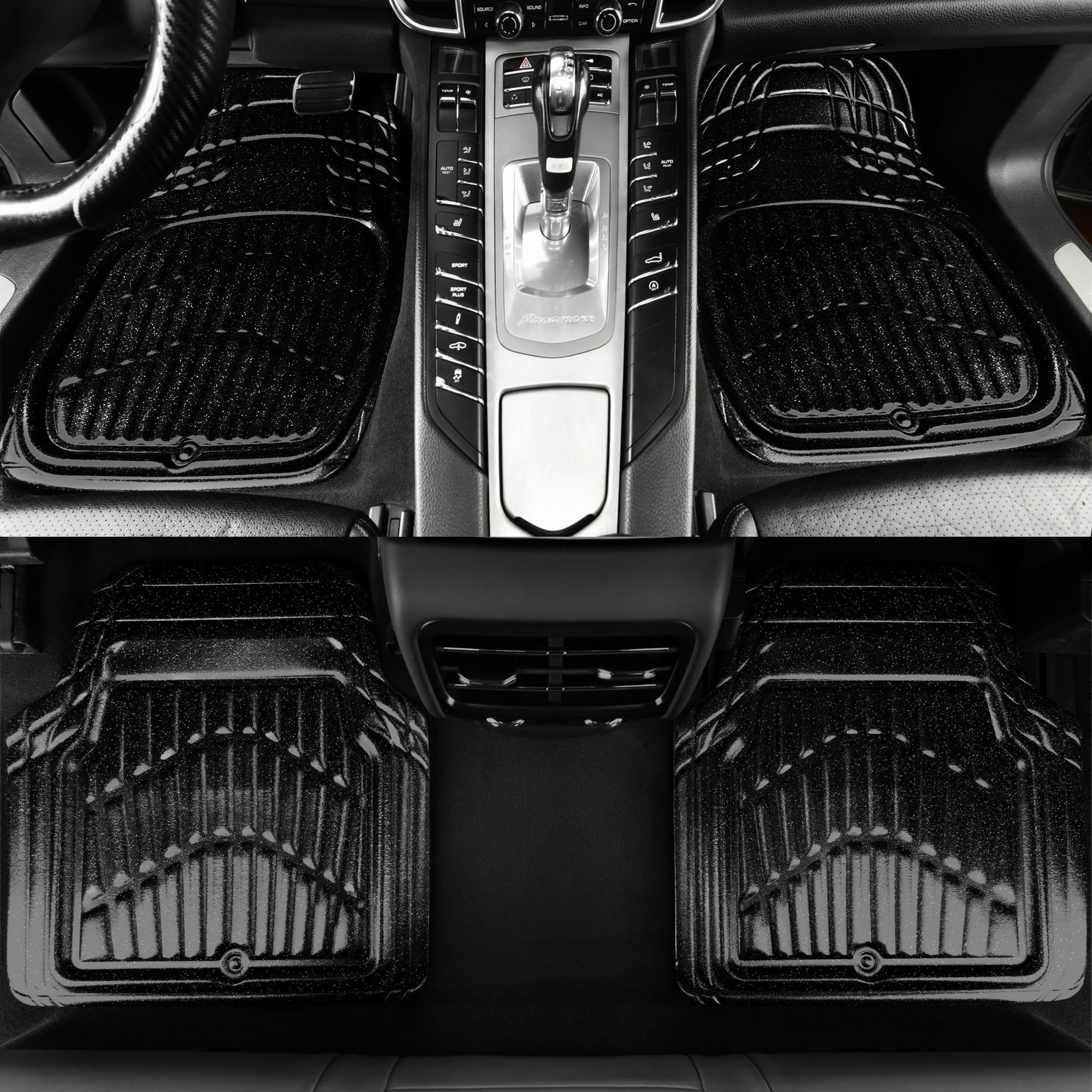 Car Pass Shining Glitter Car Floor Mats 3D Leather Waterproof All Weather, Universal Trim To Fit & Anti-Slip, Safety & Light Eas