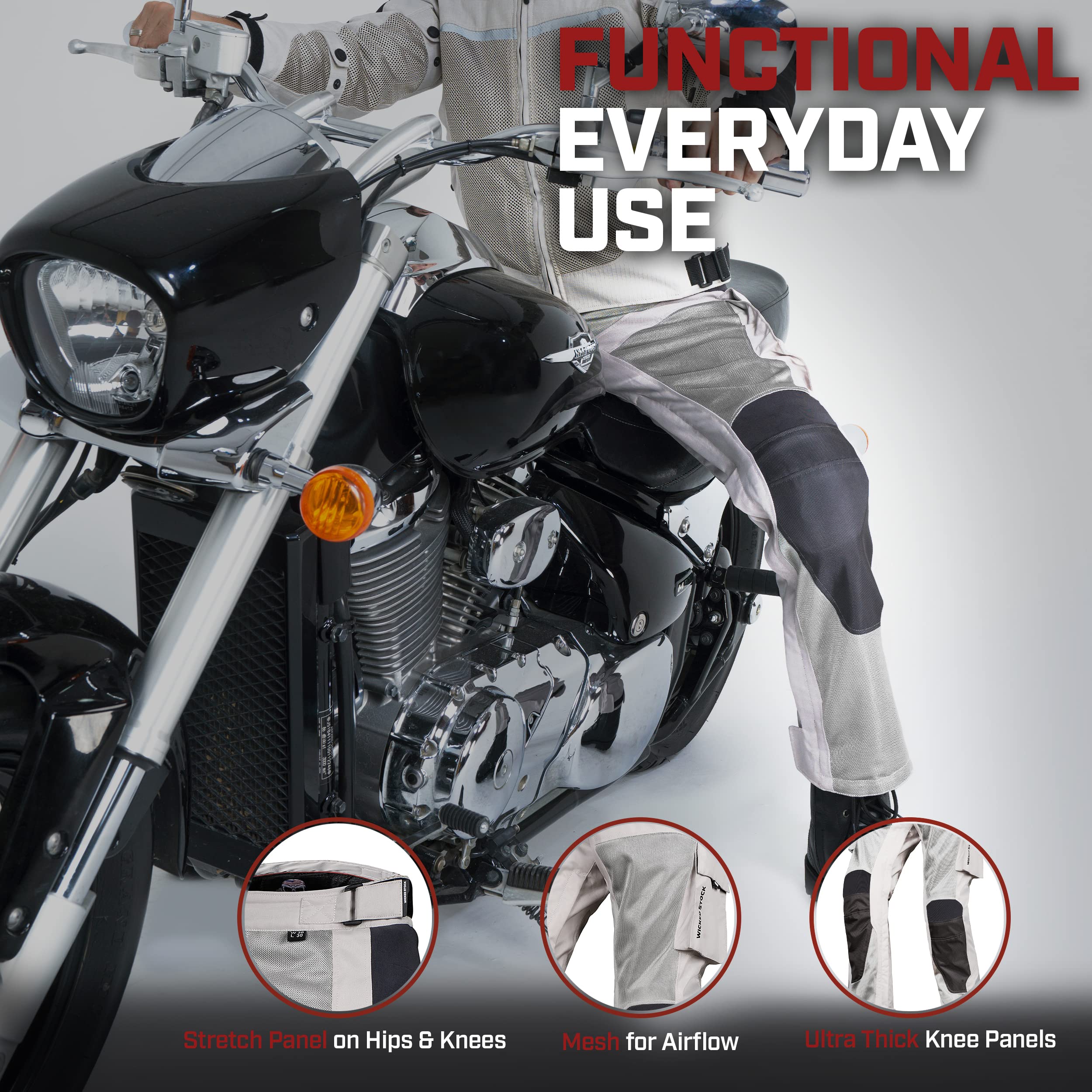 WICKED STOCK Mesh Motorcycle Pants - Motocross Pants with Armor - CE LEVEL2 - Dirt Bike Grey Black