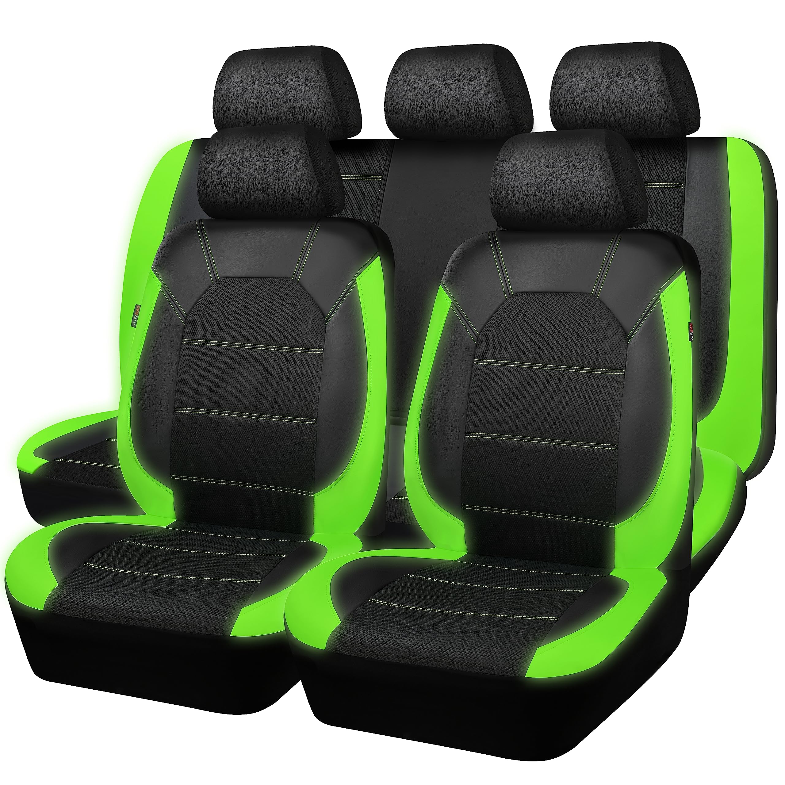 CAR PASS Luminous Green Leather seat Covers Universal Sport car seat Cover, 5mm Composite Sponge Inside, Airbag Compatible fits 