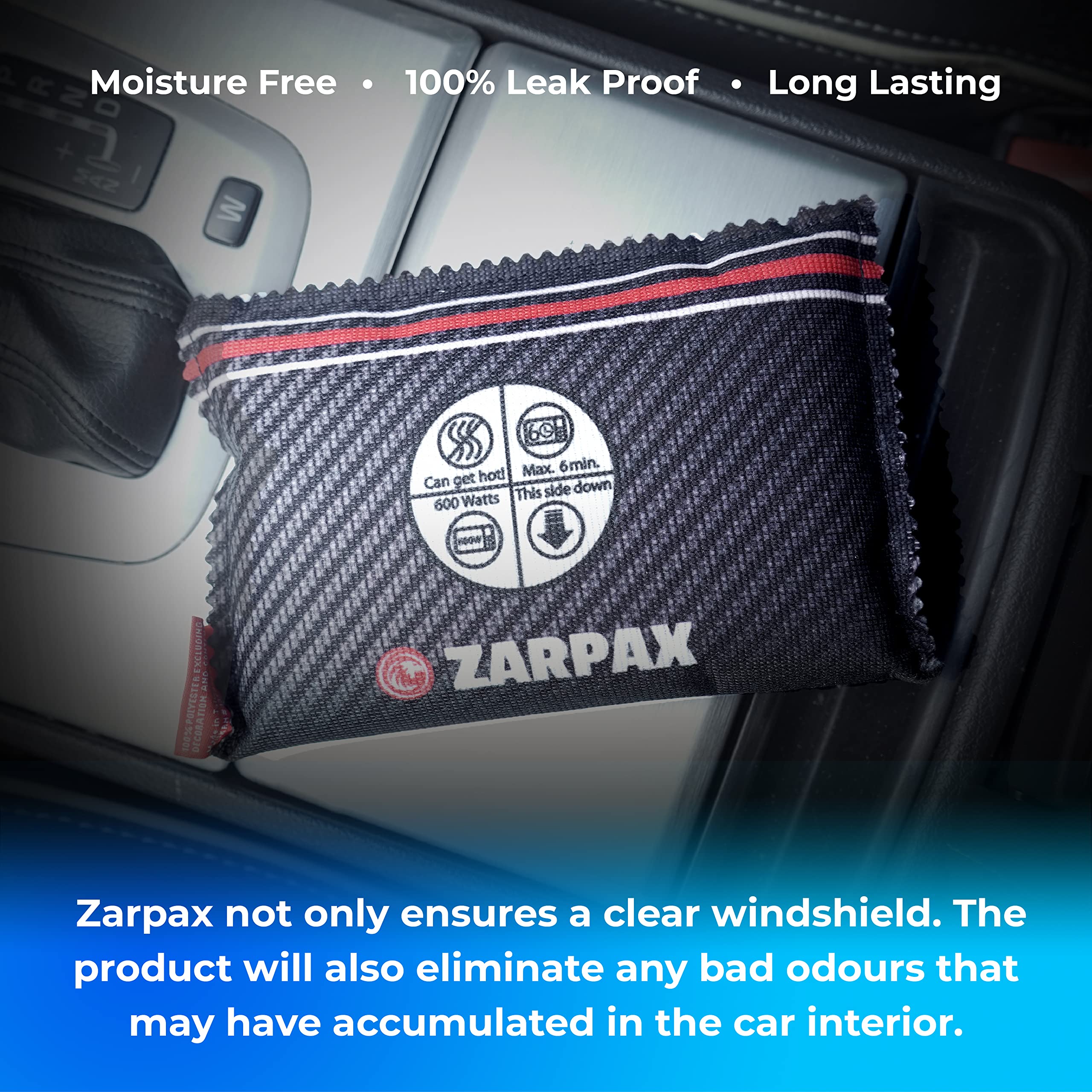ZARPAX Car Dehumidifier Bag 2 pack | Absorbs Moisture, Damp, & Condensation on Windscreens & Car Interior | 100% Leakproof | Reusable Dehumidifier | Dashboard Dehumidifier & Car Condensation Remover