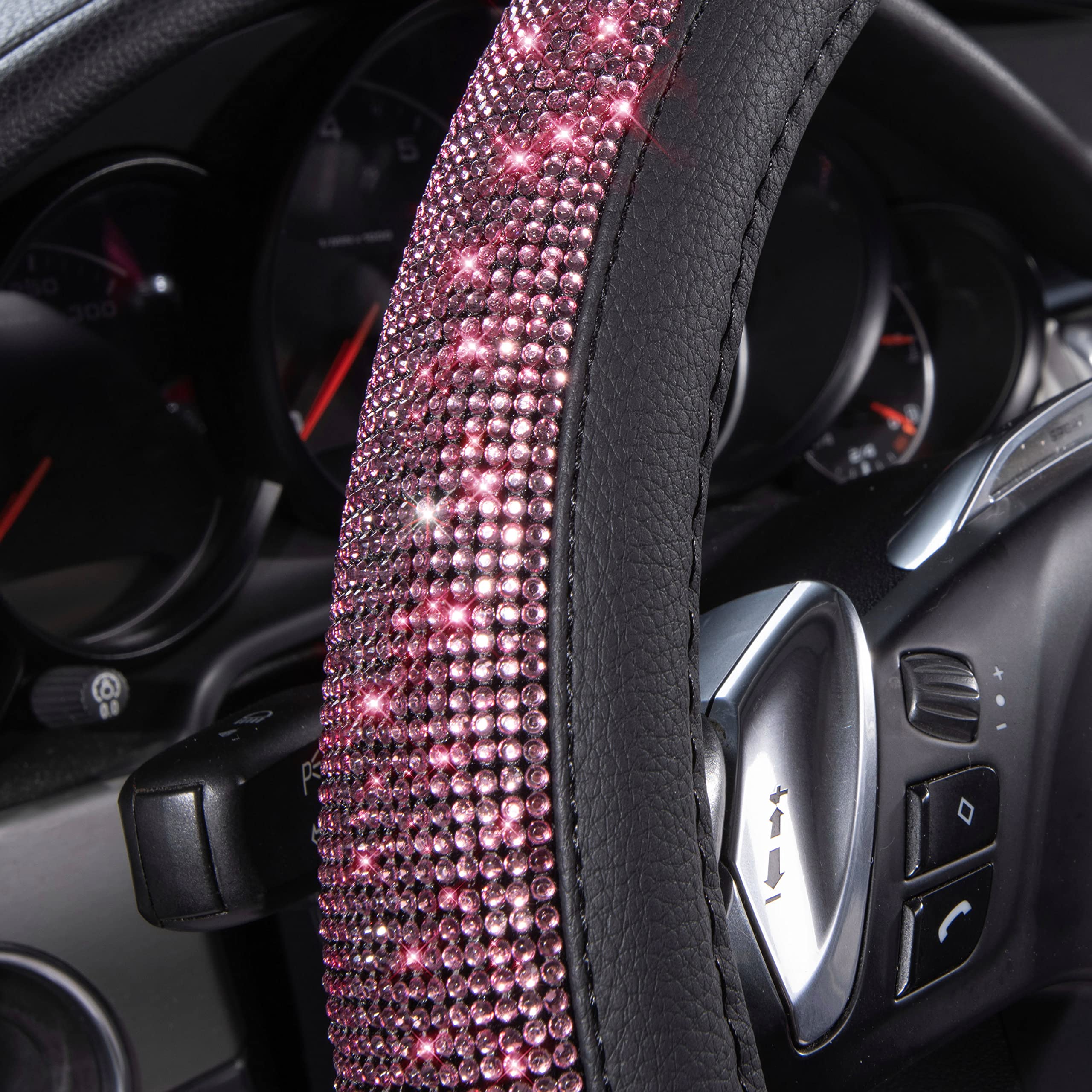 Car Pass Bling Diamond Leather Steering Wheel Cover, Bling Sparkly Crystal Glitter Rhinestones Universal Fit 14'' 1/2-15'' Car W