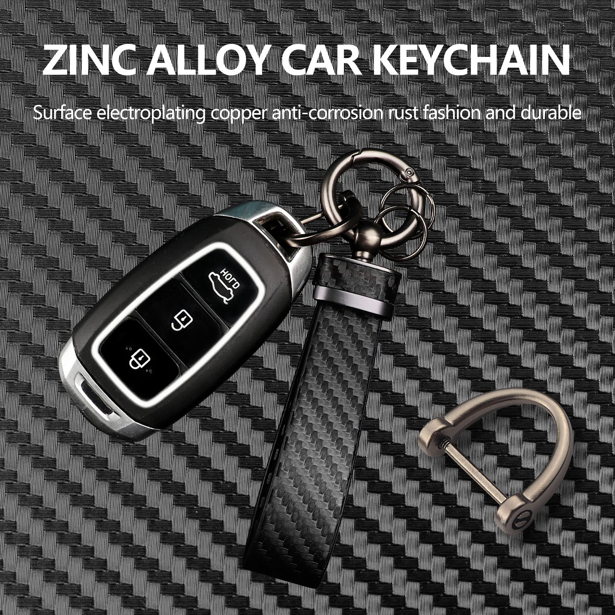 Turcee Leather Car Keychain - Carbon Fiber Interior Key Fob With Anti-Lost D-Ring - Car Accessory Key Ring (Black)