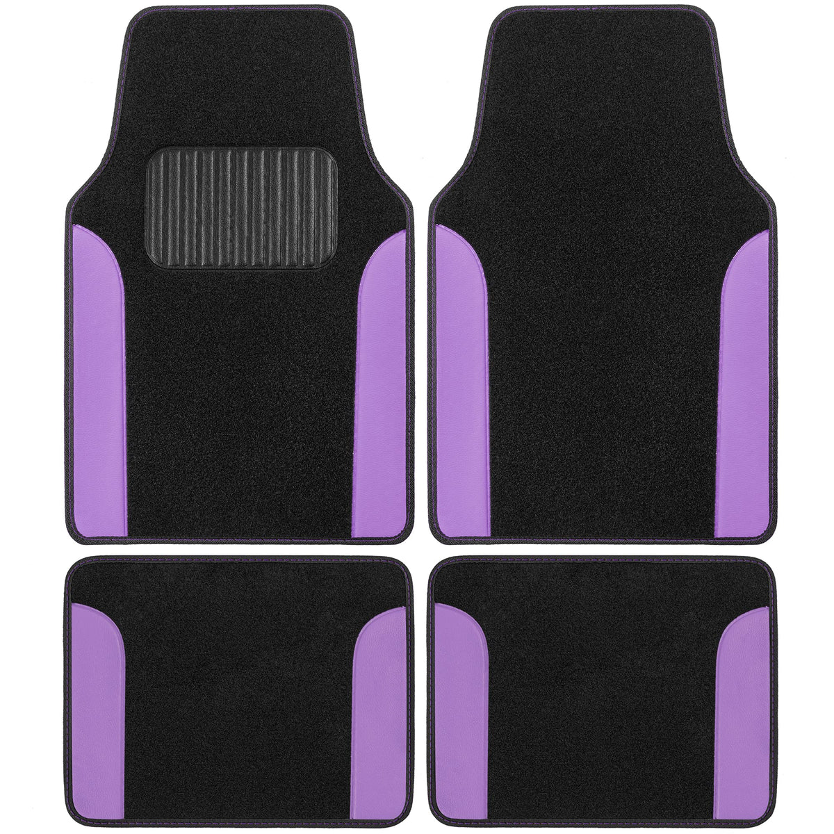 Bdk Two-Tone Carpet Car Floor Mats With Faux Leather Accents, Automotive Floor Mat Set With Built-In Heel Pad, Stylish Interior