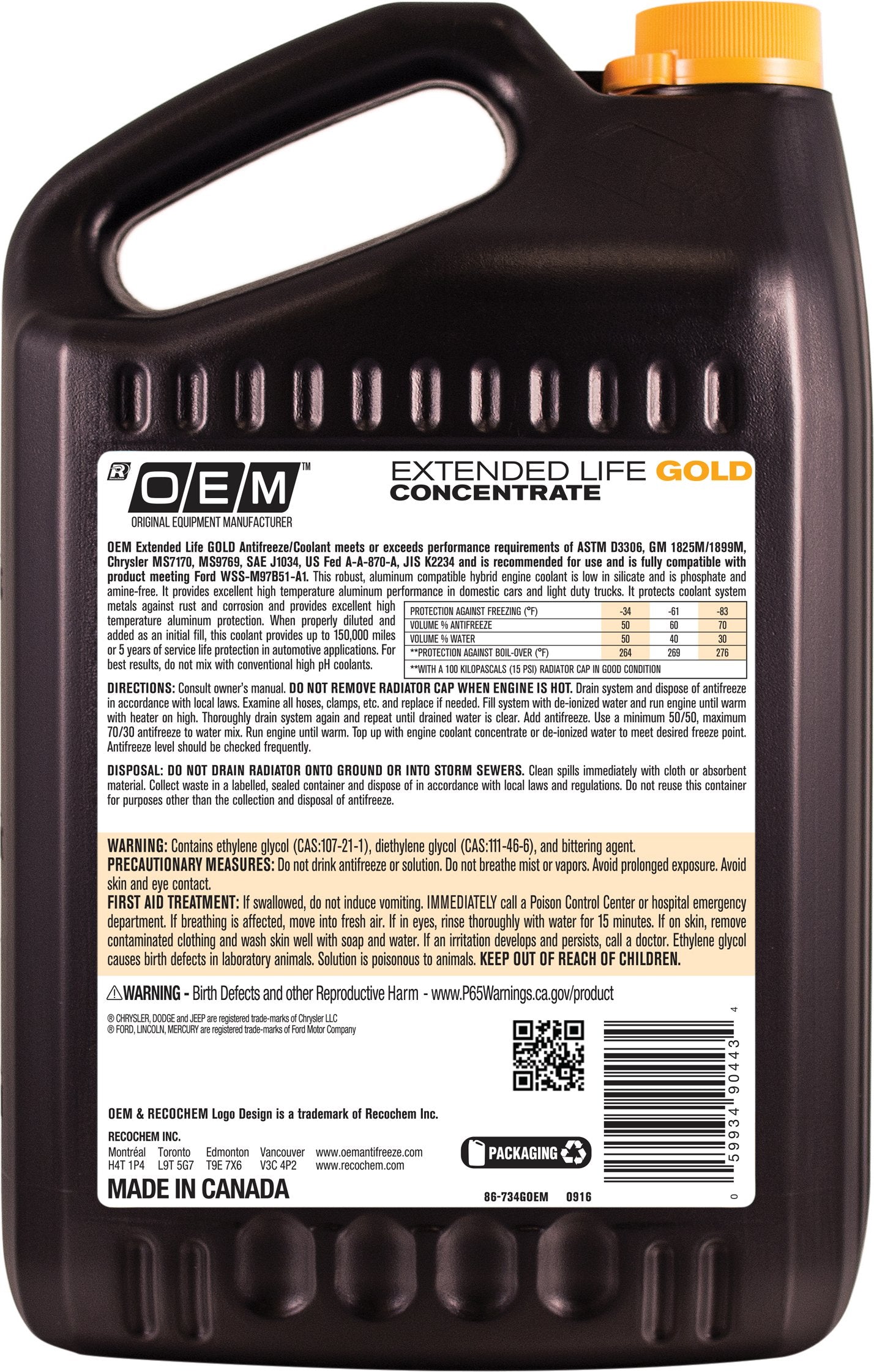 Recochem Oem 86-734Goem Gold Premium Antifreeze Concentrate Extended Life Gold, 1 Gallon, 1 Pack