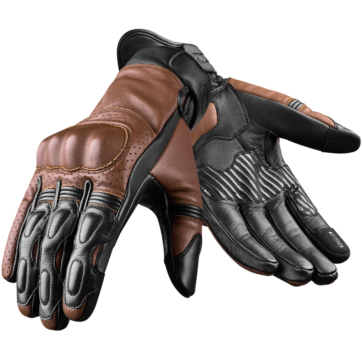 J.A.G. Leather Motorcycle Motorbike Knuckle Protection Powersports Gloves - Motorcycle Gloves Touchscreen for Men (Black Brown, 