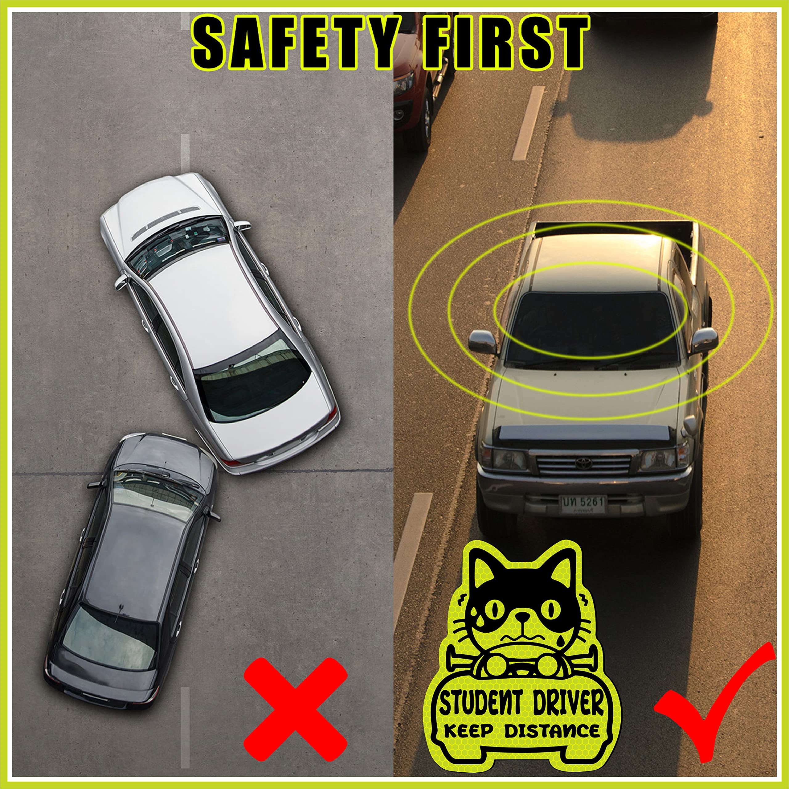 Tallew Set of 3 Reflective Student Driver Magnets - Classic Style Automotive Safety Decals, Keep Distance Sign for New Drivers