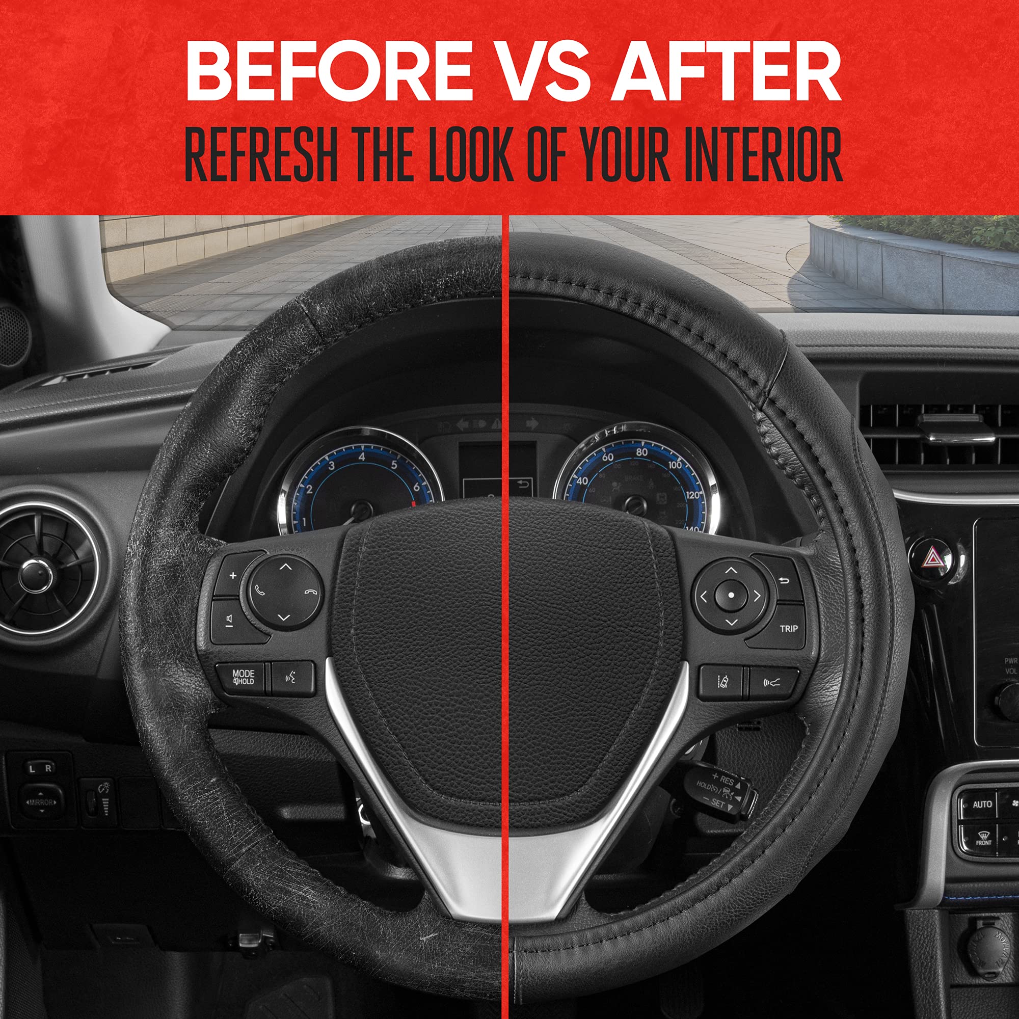 Motor Trend Gripdrive Faux Black Leather Steering Wheel Cover For Car Truck Van Suv, Standard 15 Inch Size, Solid Black Stitched