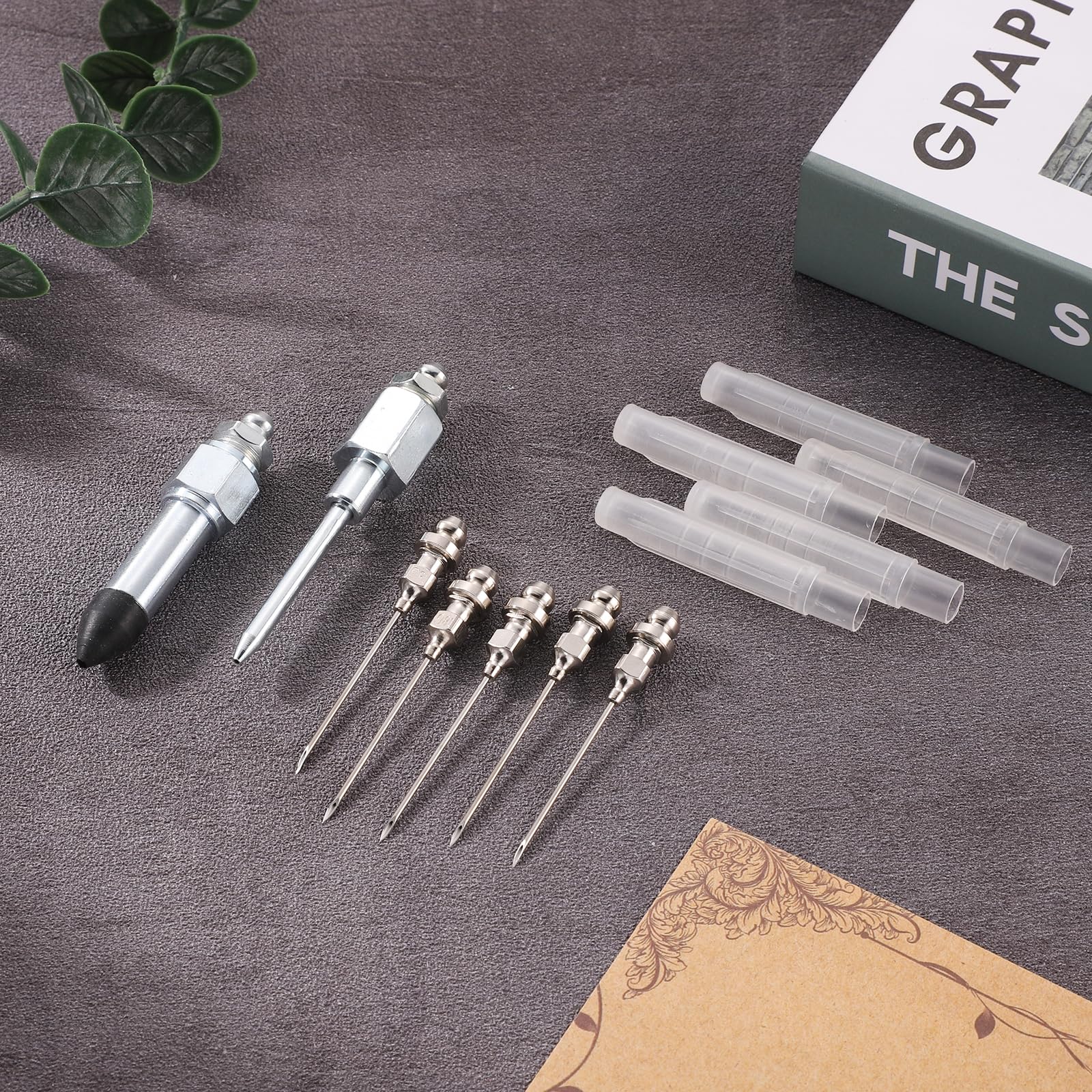 7Pcs Grease Gun Needle Accessory Set, Including 5 Grease Needle Nozzles 1 Grease Needle Dispenser 1 Rubber Nipple Adapter Grease