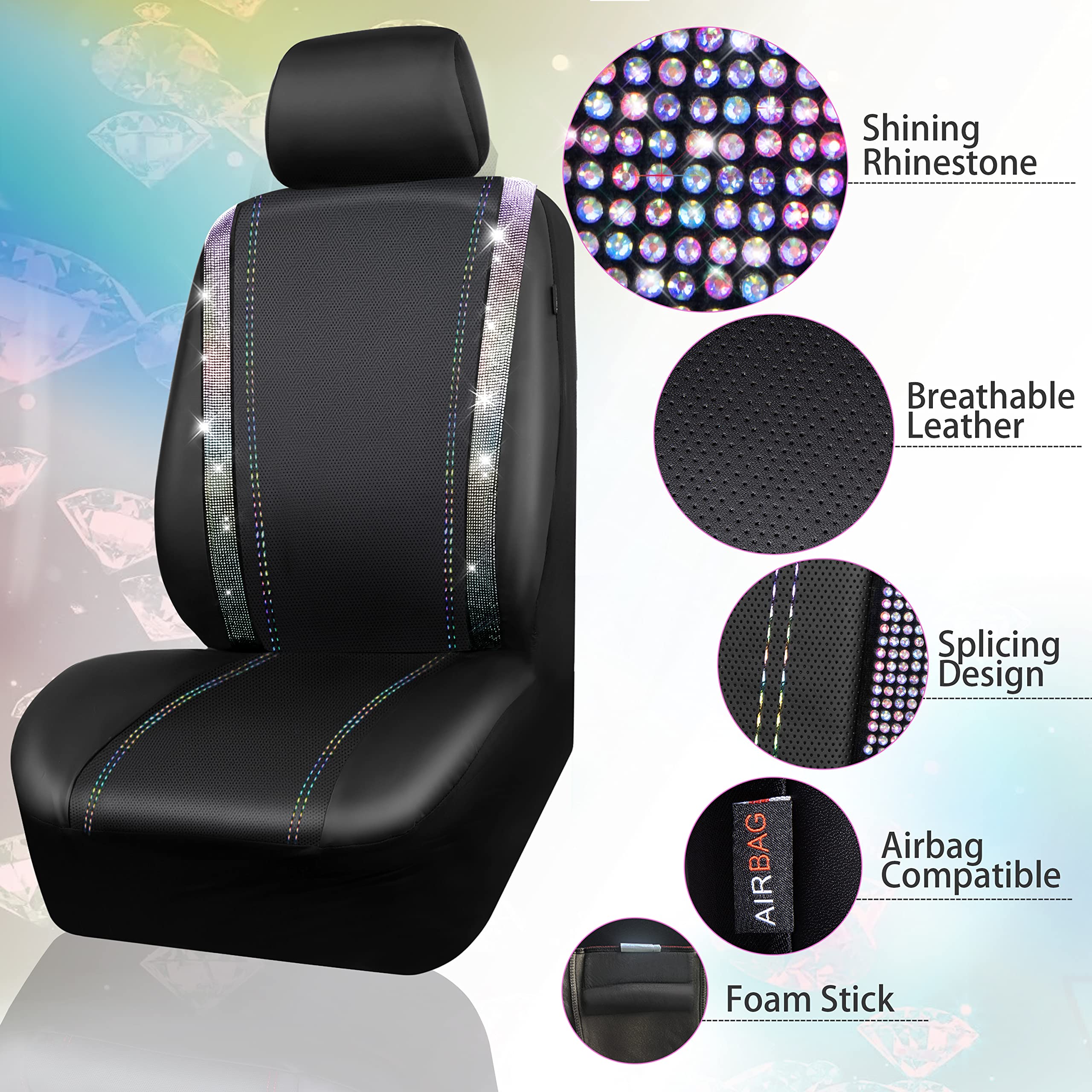 Car Pass Leather Diamond Bling Seat Covers Sets 12Pcs Bling Car Accessories Set For Women, Sparkly Rhinestone Steering Wheel Cov