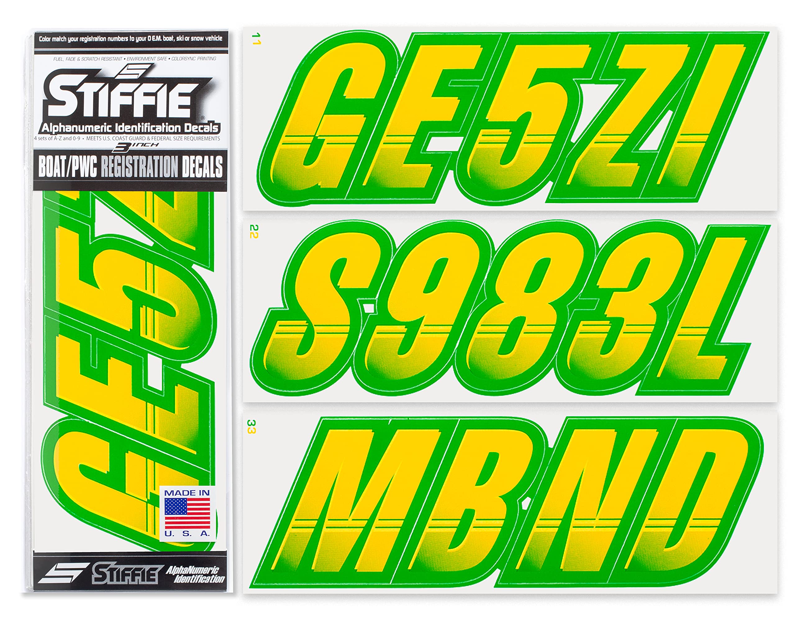 Stiffie Techtron Yellow/Green 3 '' Boat & Pwc Registration Decals  Numbers Letters Stickers