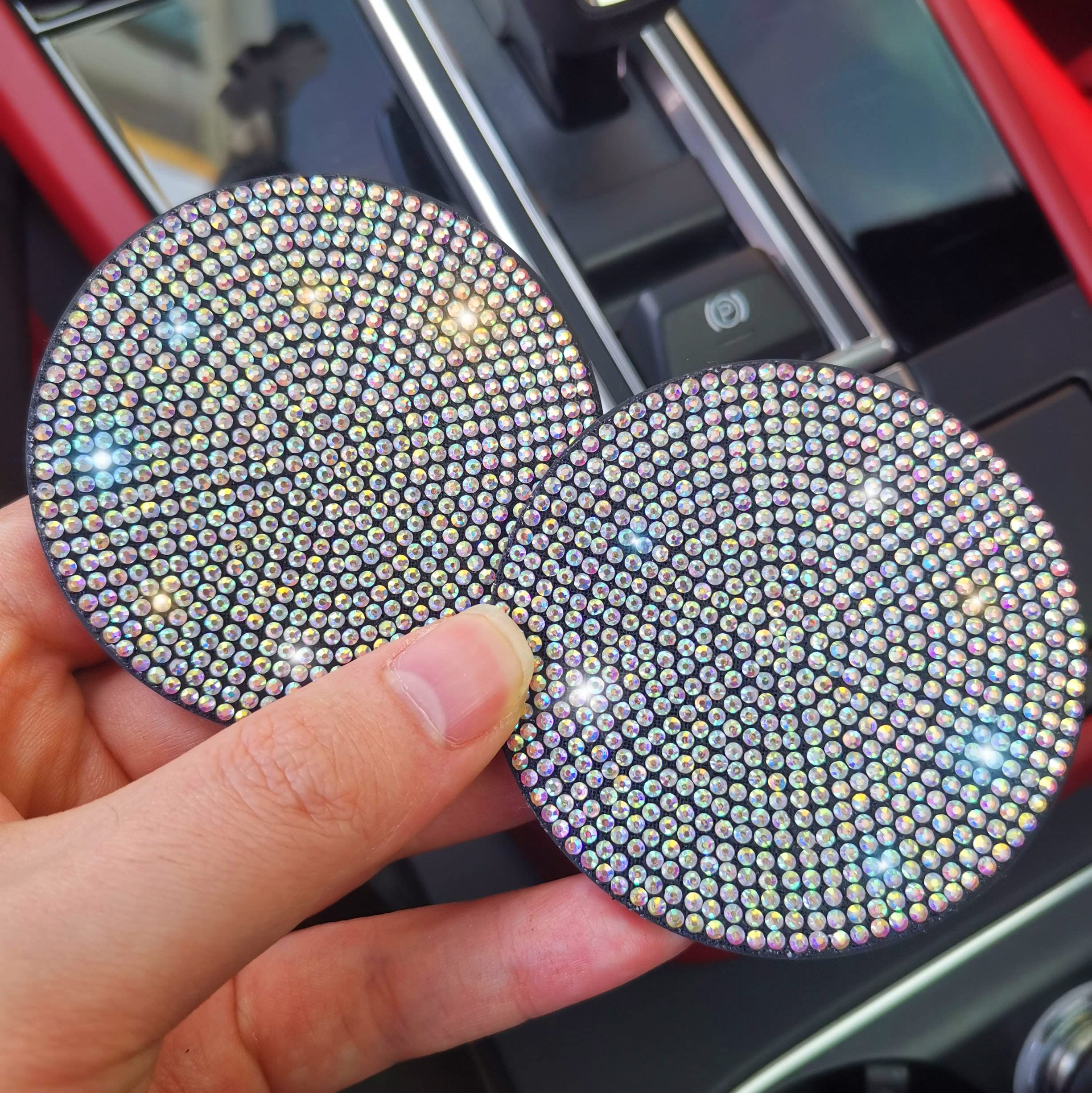 2Pcs Bling Car Cup Holder Coaster, 2.75 Inch Anti-Slip Shockproof Universal Fashion Vehicle Car Coasters Insert Rhinestone Auto Automotive Interior Accessories For Women (2 Pcs, Colorful)