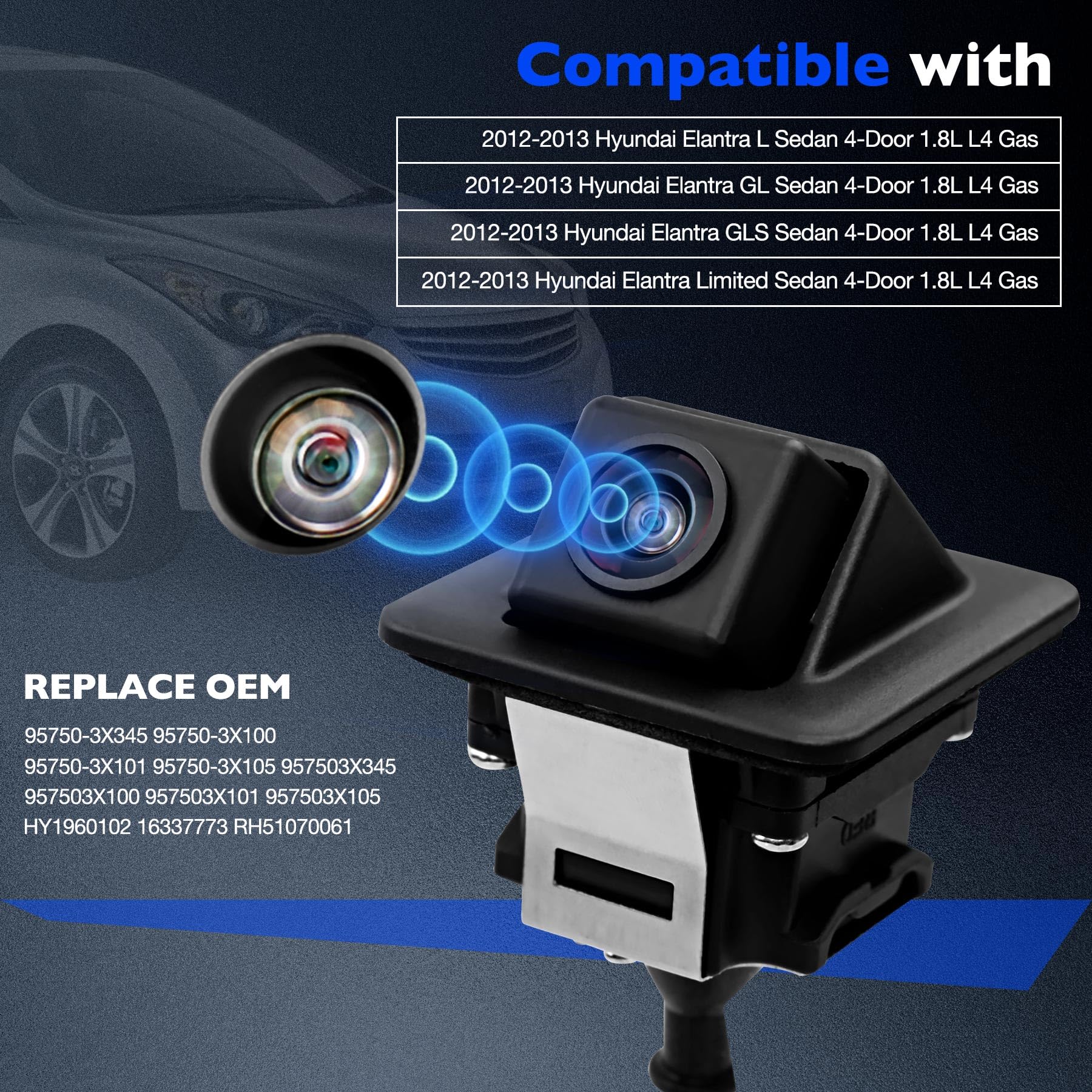 Backup Camera, Compatible With 2012 2013 Hyundai Elantra L Gl Gls Limited Sedan 4-Door 1.8L L4, Safety Reversing Parking Assist