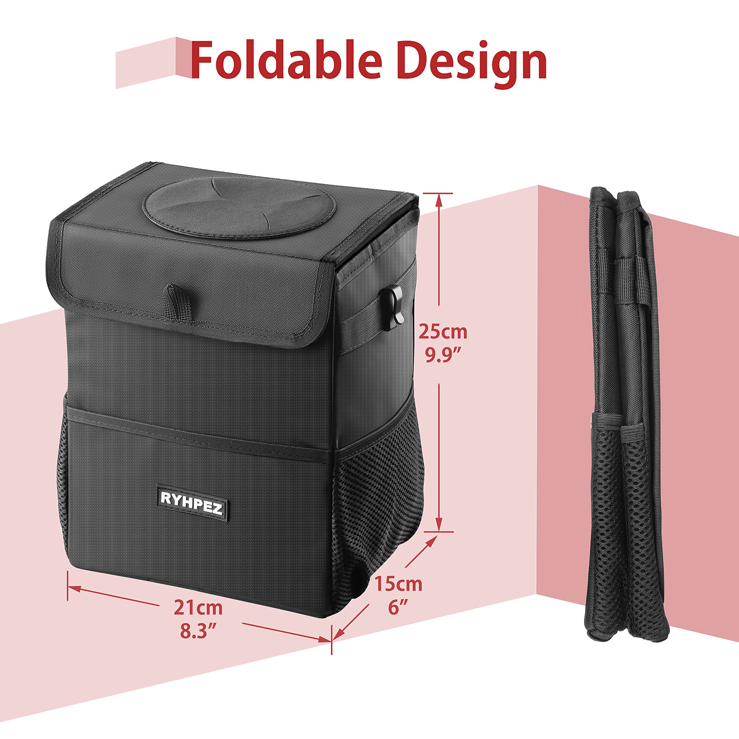 Ryhpez Car Trash Can With Lid - Car Trash Bag Hanging With Storage Pockets, Leakproof Collapsible Garbage Can With Solid Structu