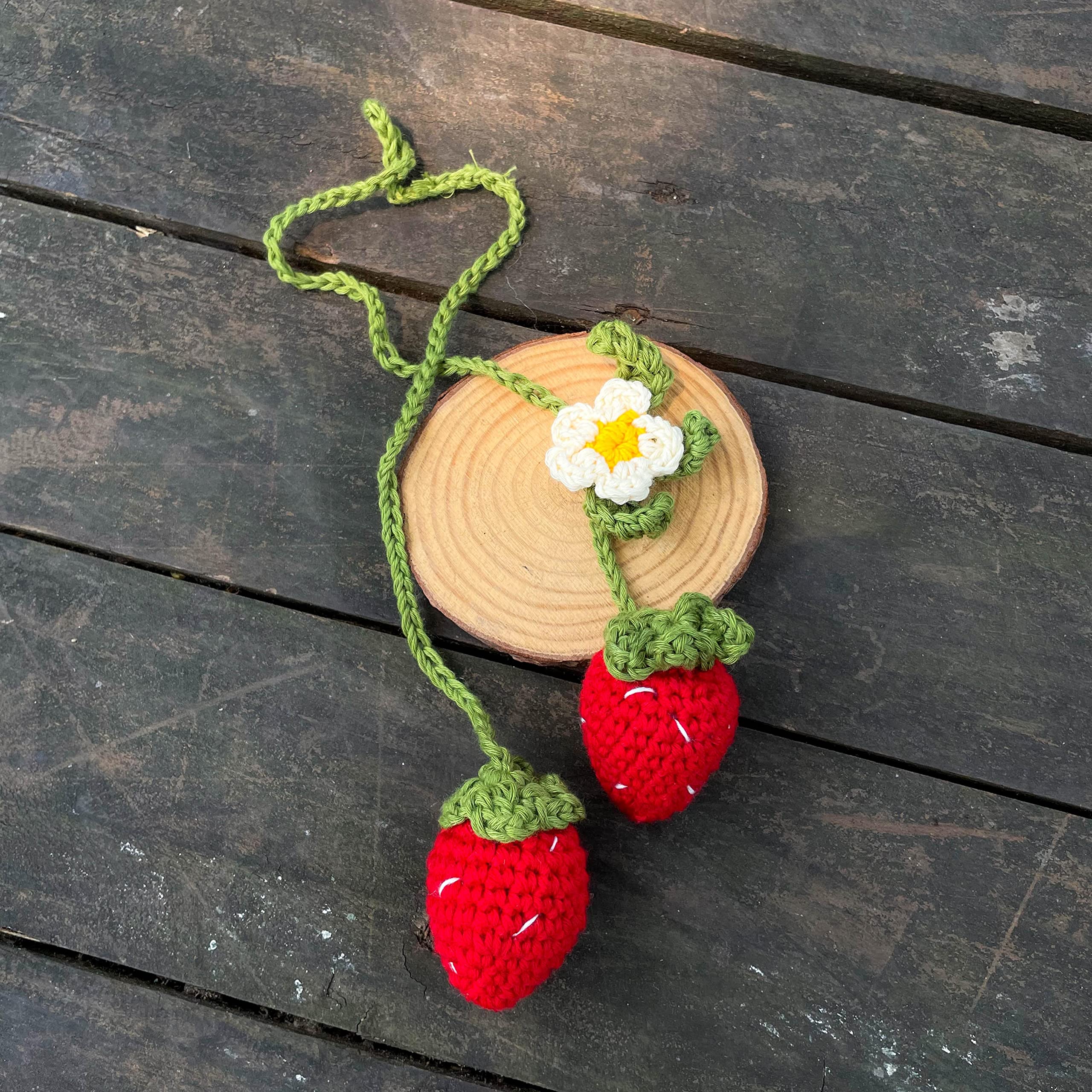Bunny Crochet Strawberry Car Hanging Ornament, Handmade Car Rear View Mirror Hanging Accessories, Strawberry Car Ornament, Bag C