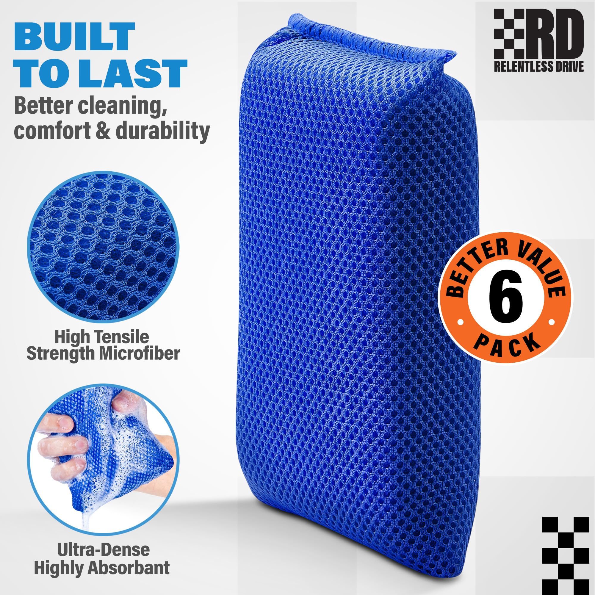 Relentless Drive (Pack of 6) Bug and Tar Remover for Cars Exterior - Ultra Soft Mesh Car Wash Sponges Non Scratch