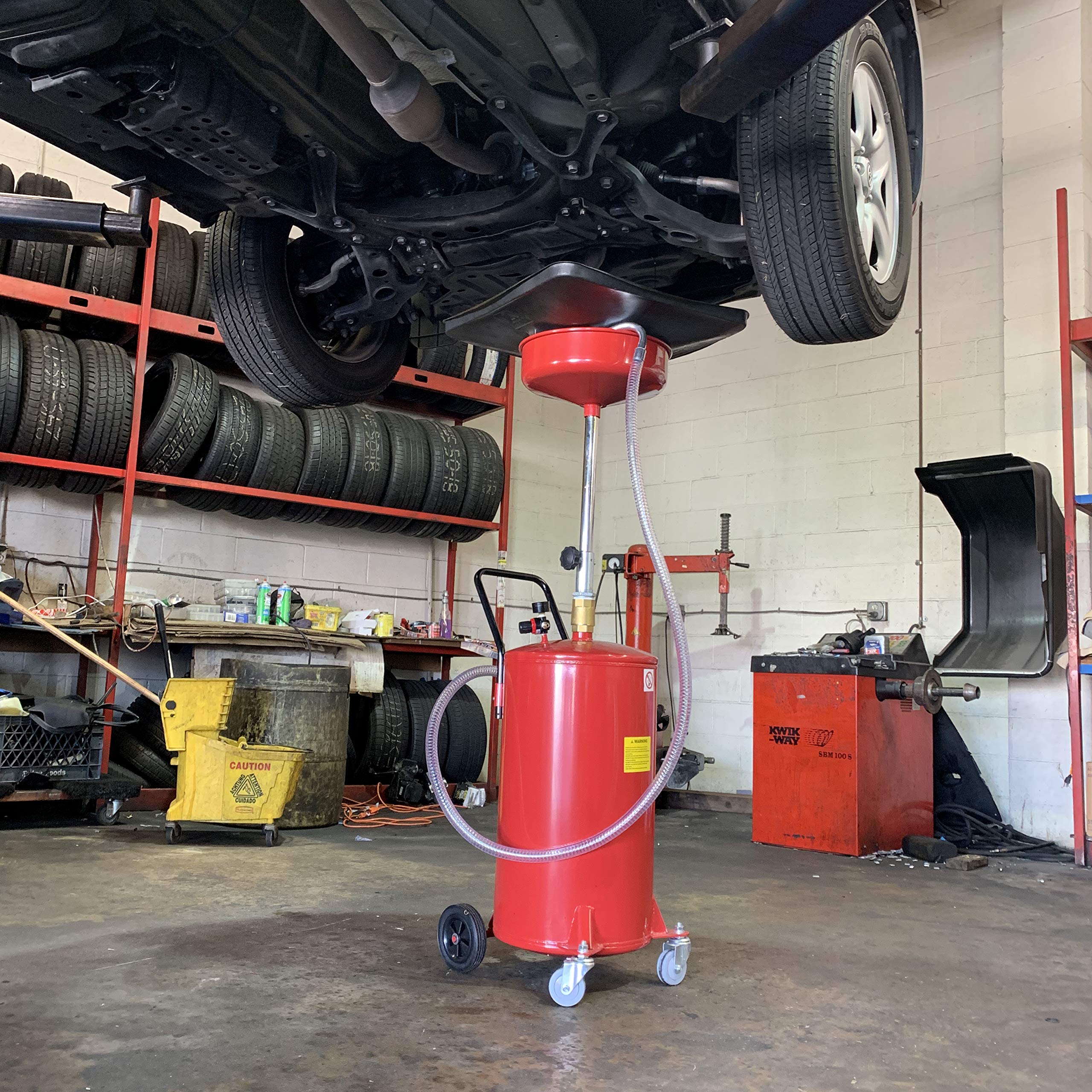 Arksen 20 Gallon Waste Oil Change Tank, Portable Air Operated Fluid Drain Disposal With Adjustable Height, Heavy Duty Construction With Wheels, Automotive - Red