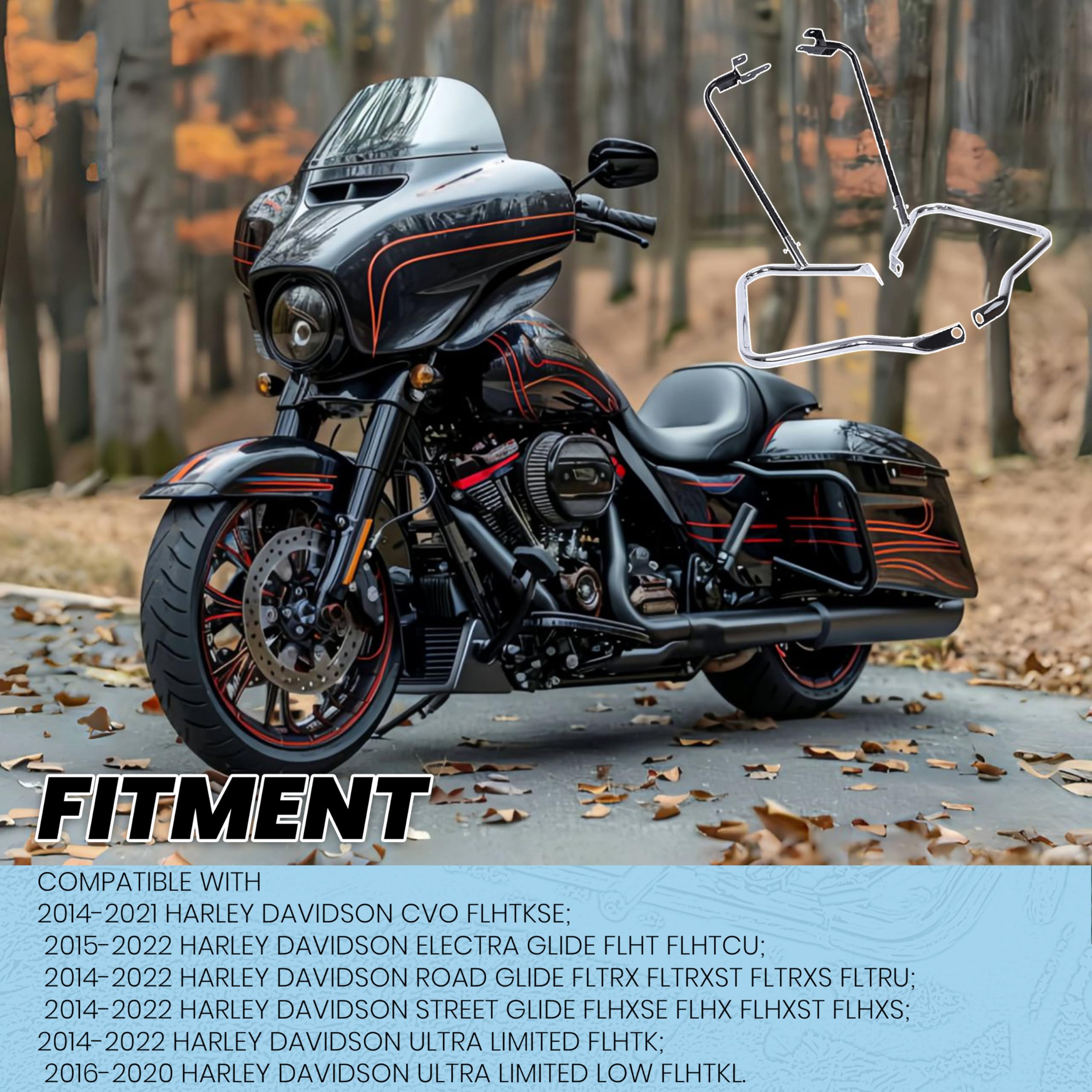 ECOTRIC Saddlebag Bracket Guard Bars Compatible with 2014-2024 Harley Davidson Touring Street Road Glide FLH Saddle Bags Guard Support Bar Mount Chrome & Black