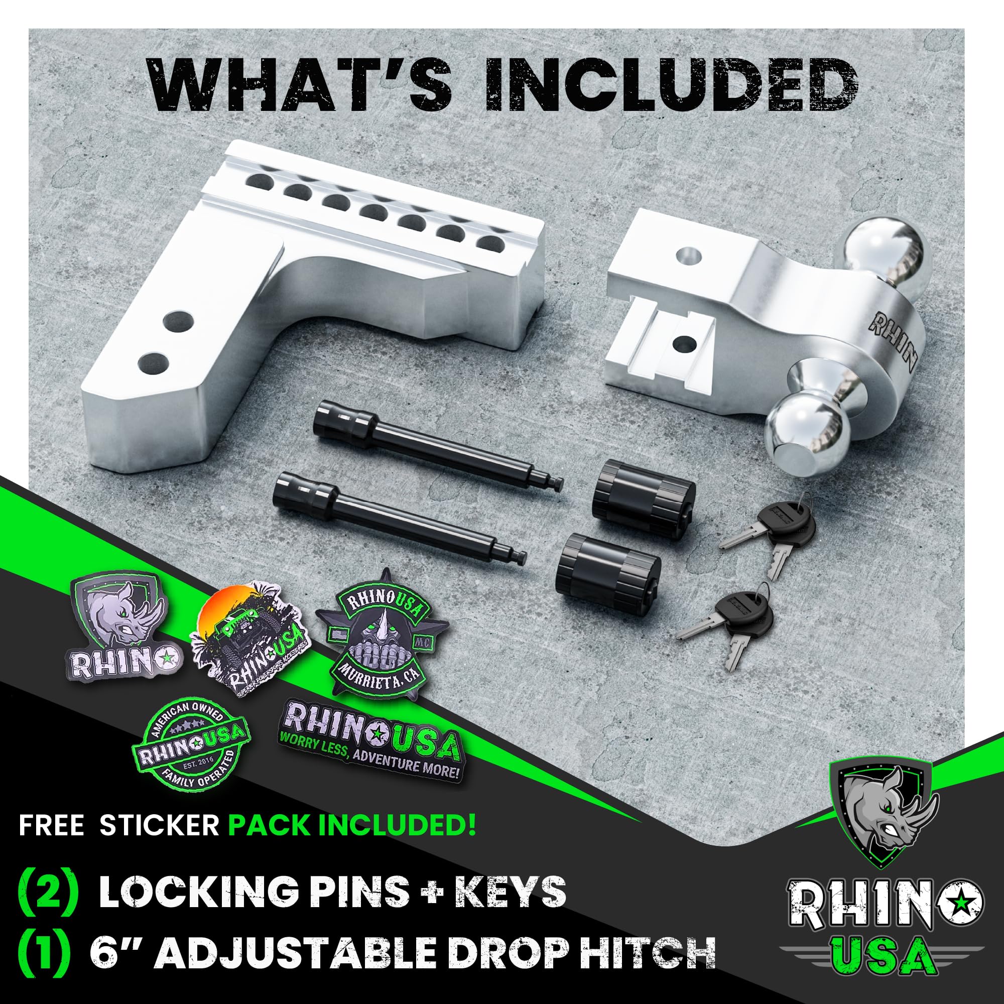 Rhino USA Adjustable Trailer Hitch - Heavy Duty Aluminum, 2.5" Receiver, 6" Drop/Rise, 18,500 LBS GTW, Weatherproof Locking Pins, Br