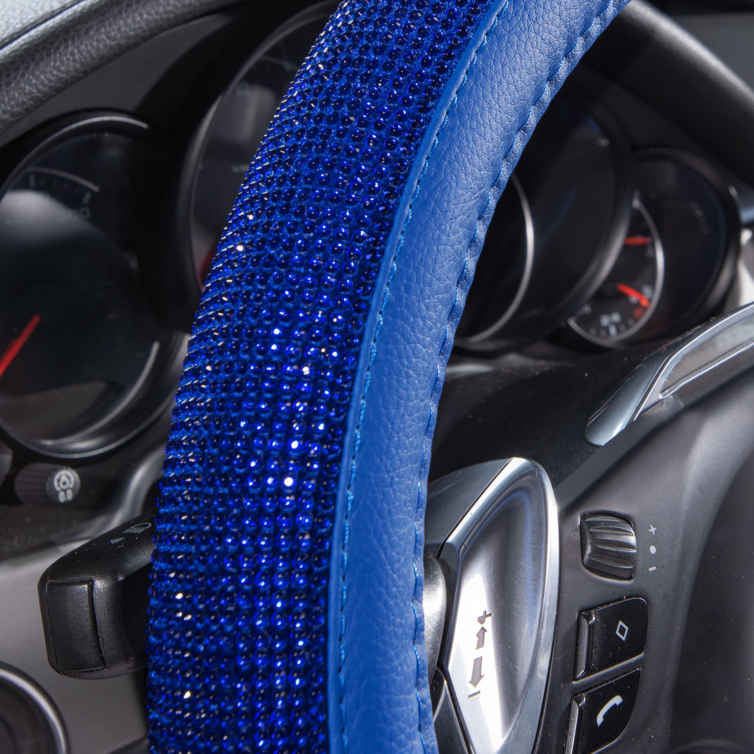 Car Pass Bling Diamond Leather Steering Wheel Cover, With Bling Sparkly Crystal Glitter Rhinestones Universal Fit 14 1/2-15 Car Wheel Protect For Women Girl Fit Suvs,Vans,Sedans,Cars,Trucks, Blue