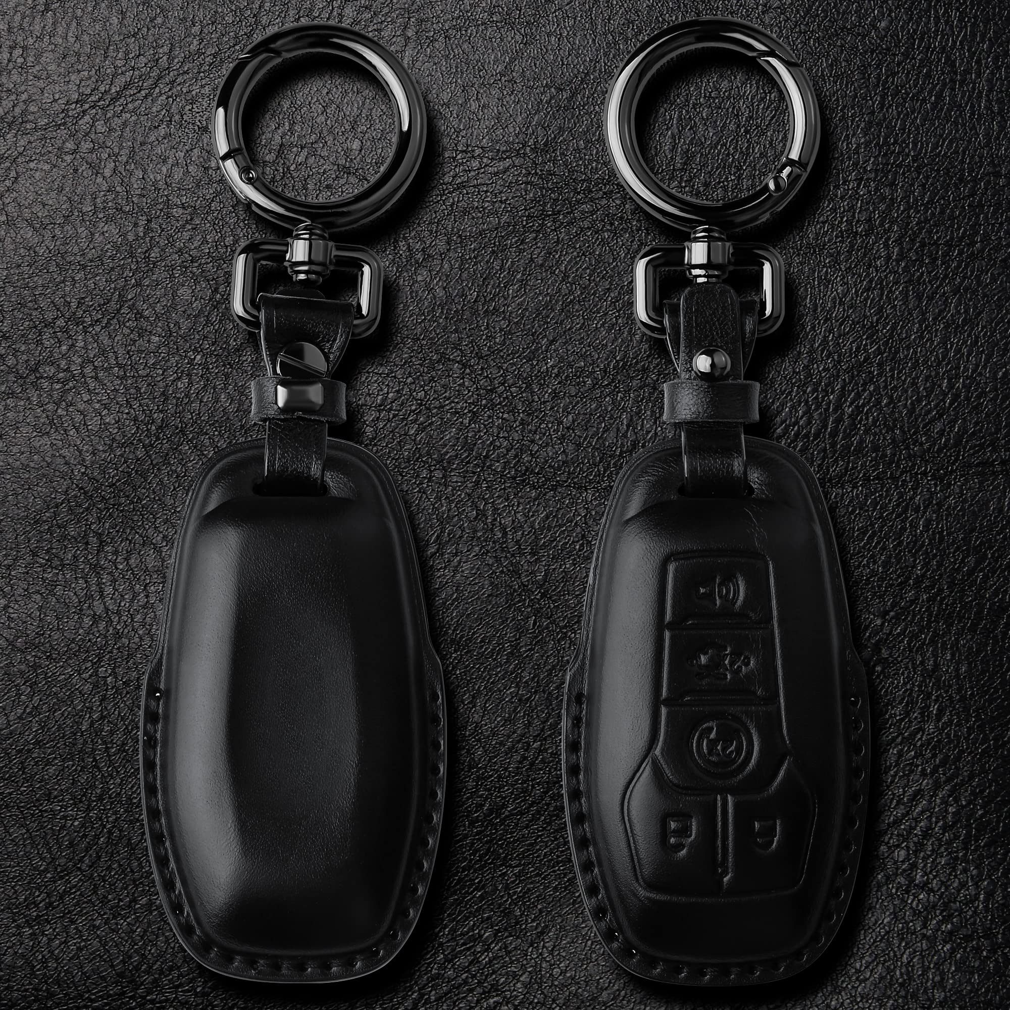 Tukellen For Ford Leather Key Fob Cover With Keychain Compatible With 2013-2016 Ford Fusion 2015-2017 Ford Mustang F-150 Explorer-Black(Red Line)