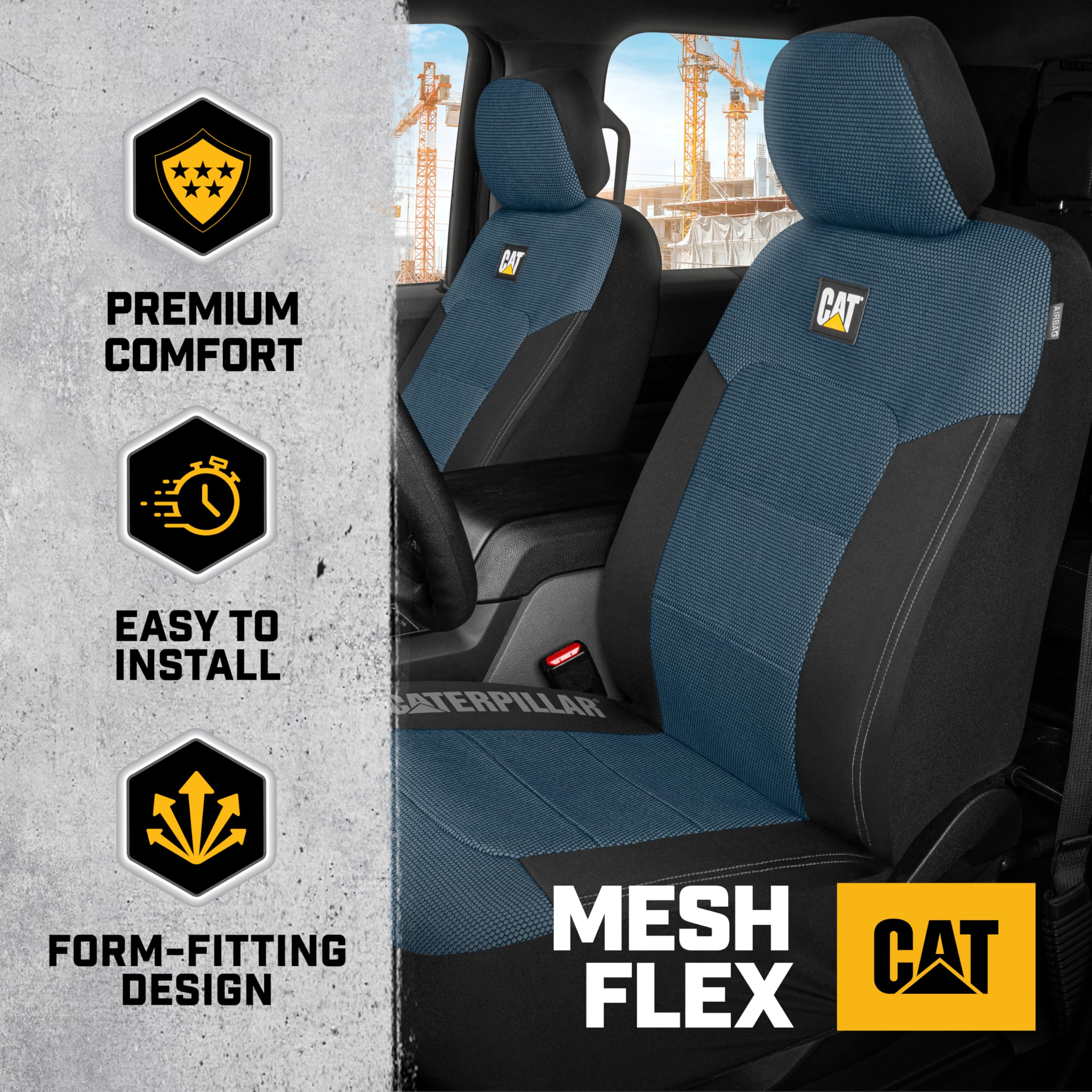 CAT Blue & Black Seat Covers for Cars, Trucks, & SUV - Set of (2) MeshFlex Car Seat Cover Front Seat Protectors - Airbag Compati