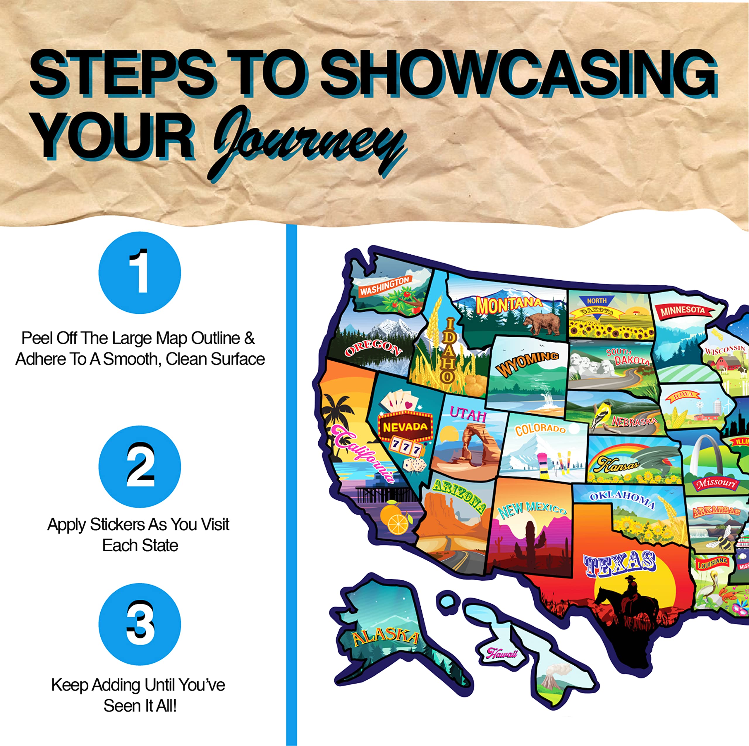 GLIBERTVILLAGEGOODS RV State Sticker Travel Map - 25x17 Inch USA Sticker Map with 50 Waterproof State Decals for RV, Camper, Motorhome