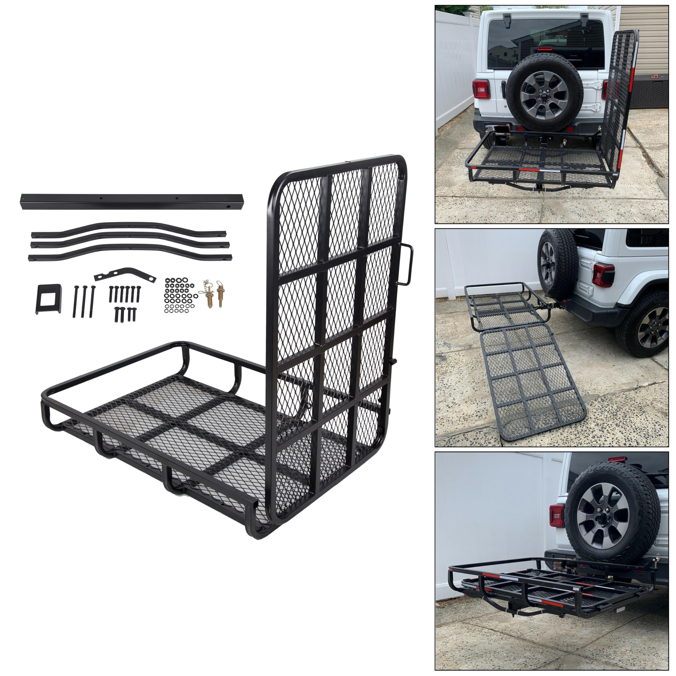 Ecotric Hitch Mount Wheelchair Carrier With Mobility Ramp For Wheelchair Scooter Lawn Mower Snow Blower Hauler 500Lb Capacity Basket-Style