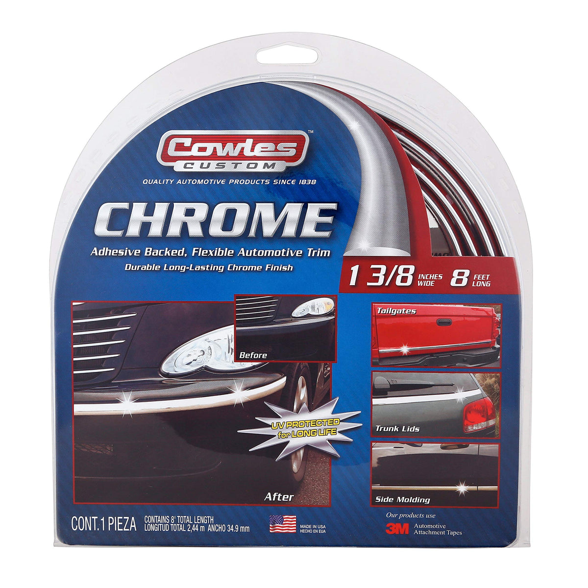 Cowles Custom - Premium Universal Body Molding For All Vehicle - Easy Install, Chrome Finish, 1 3/8'' By 8 Feet, Uv Protected, L