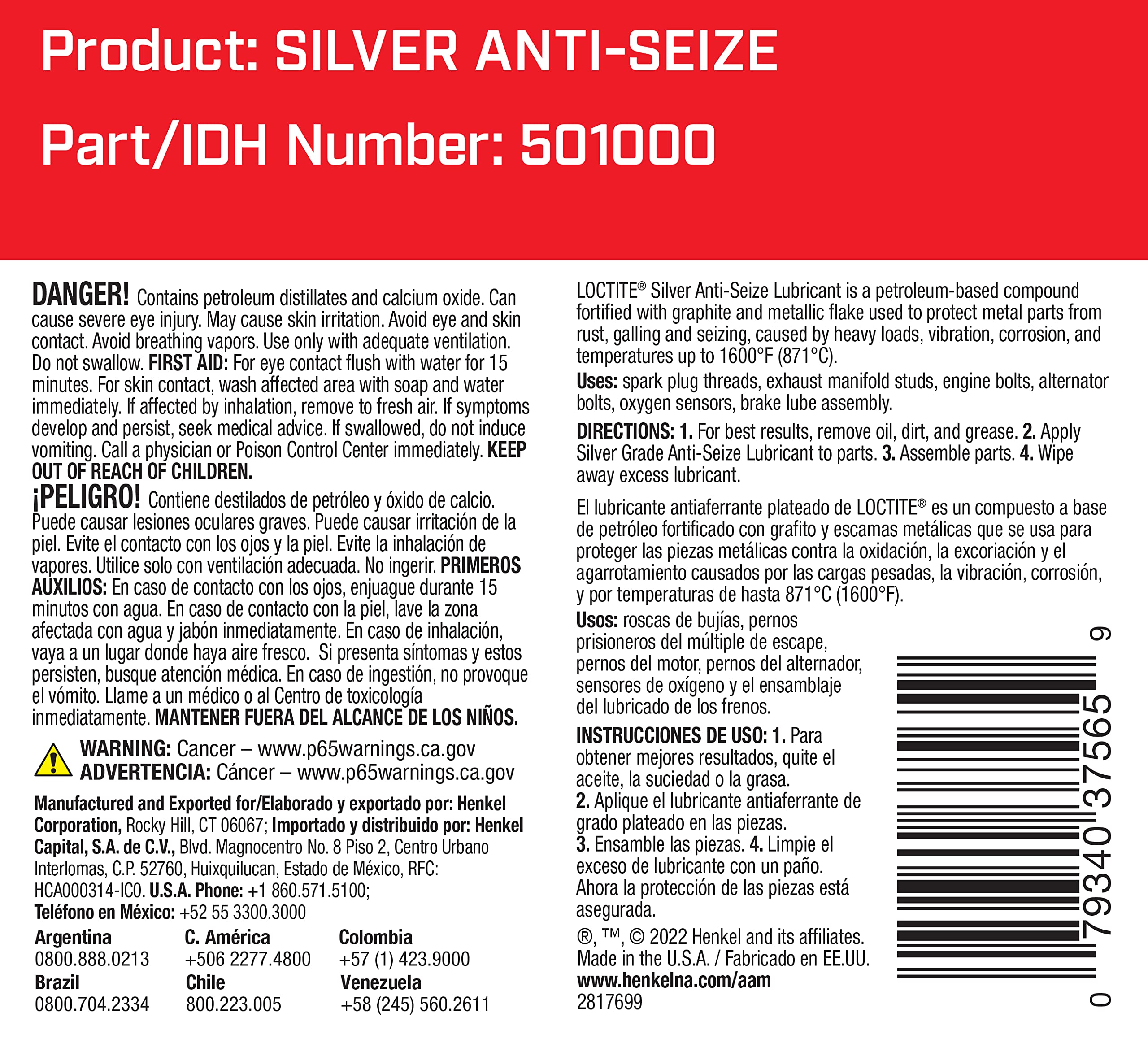 LOCTITE 501000 Silver Anti-Seize Lubricant for Automotive: Heavy-Duty, Temperature Resistant, Petroleum-Based Lubricant Compound