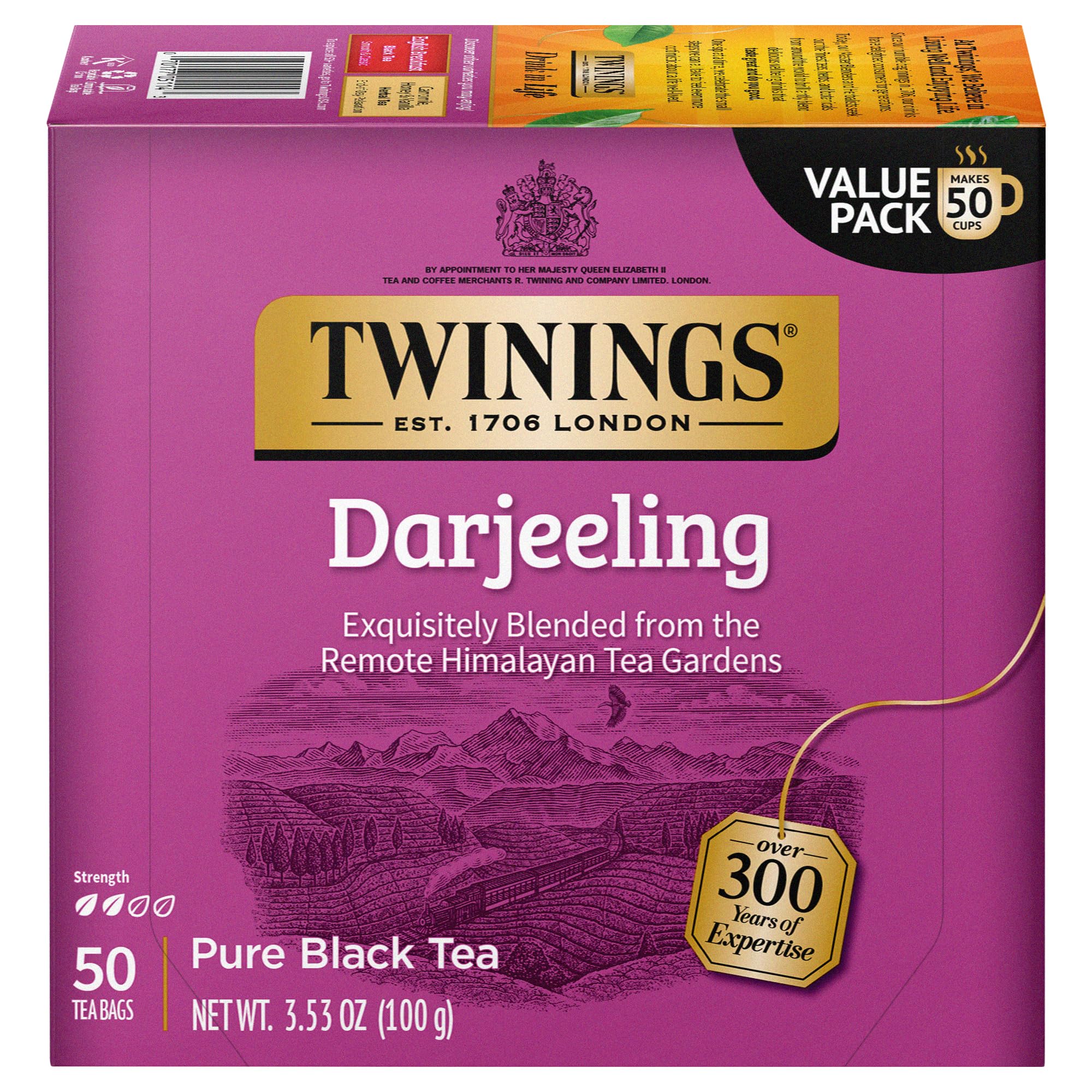 Twinings Darjeeling Black Tea, 50 Count (Pack Of 6), Individually Wrapped Bags, Delicate Light Taste, Caffeinated, Enjoy Hot Or 