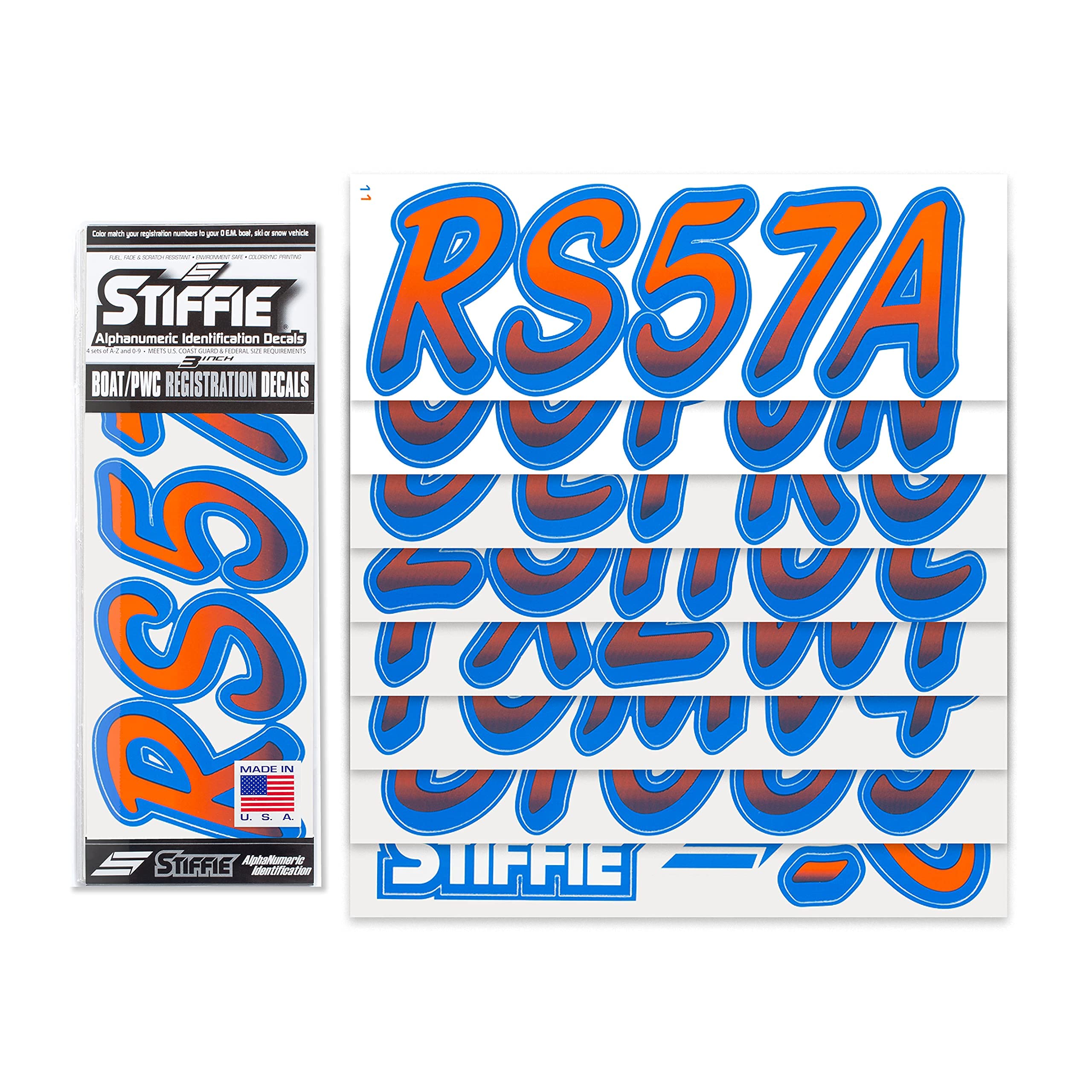 STIFFIE Whipline Orange/Blue 3'' Boat & PWC Registration Decals  Numbers Letters Stickers