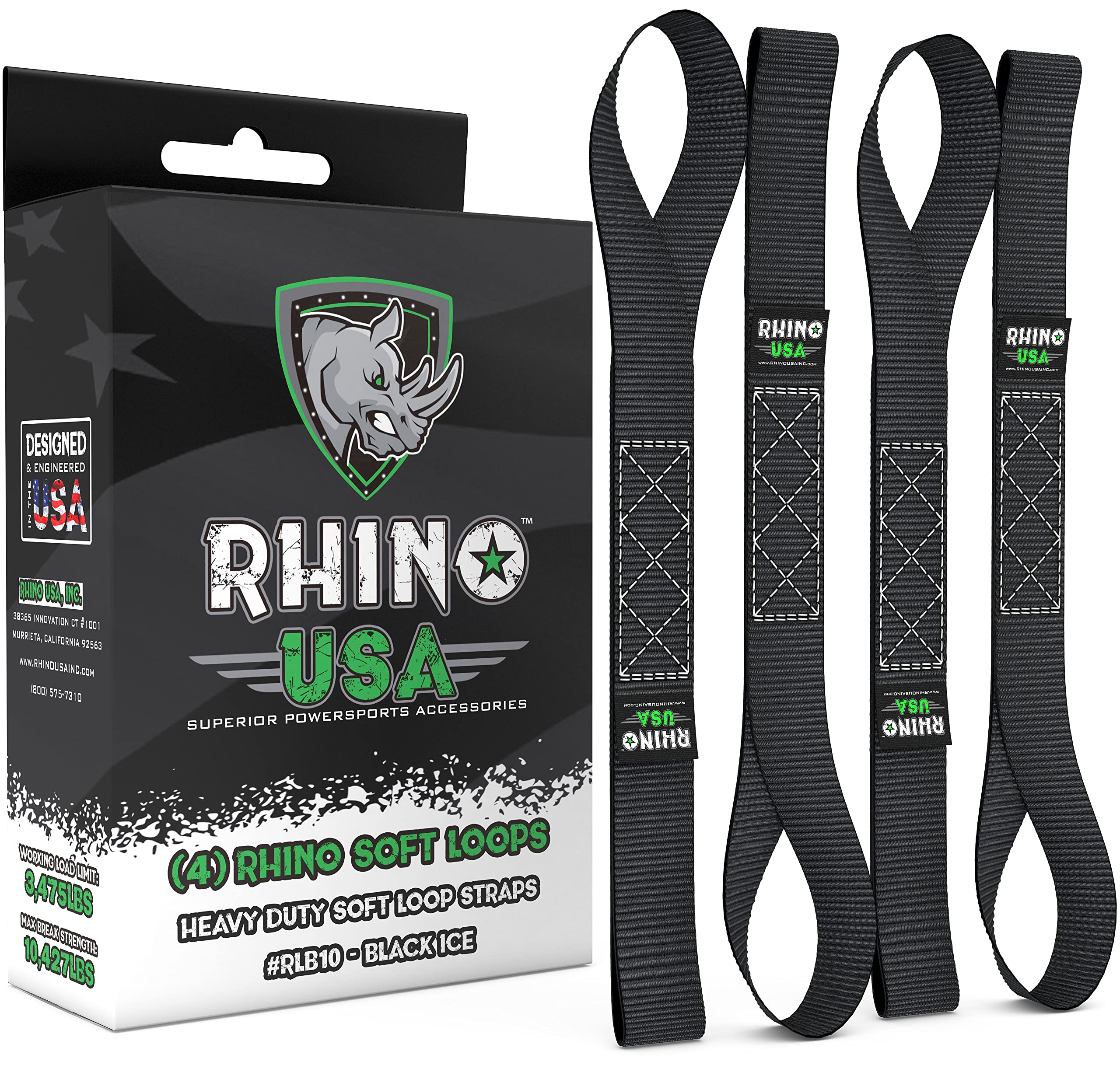 Rhino Usa Soft Loop Tie Down Straps (4-Pack) - 1.6 Inch X 17 Inch (5,000 Lbs Break Strength) Heavy Duty Motorcycle Straps For Use With Ratchet Straps - Handlebar Straps For Atv, Utv, Dirt Bike (Black)