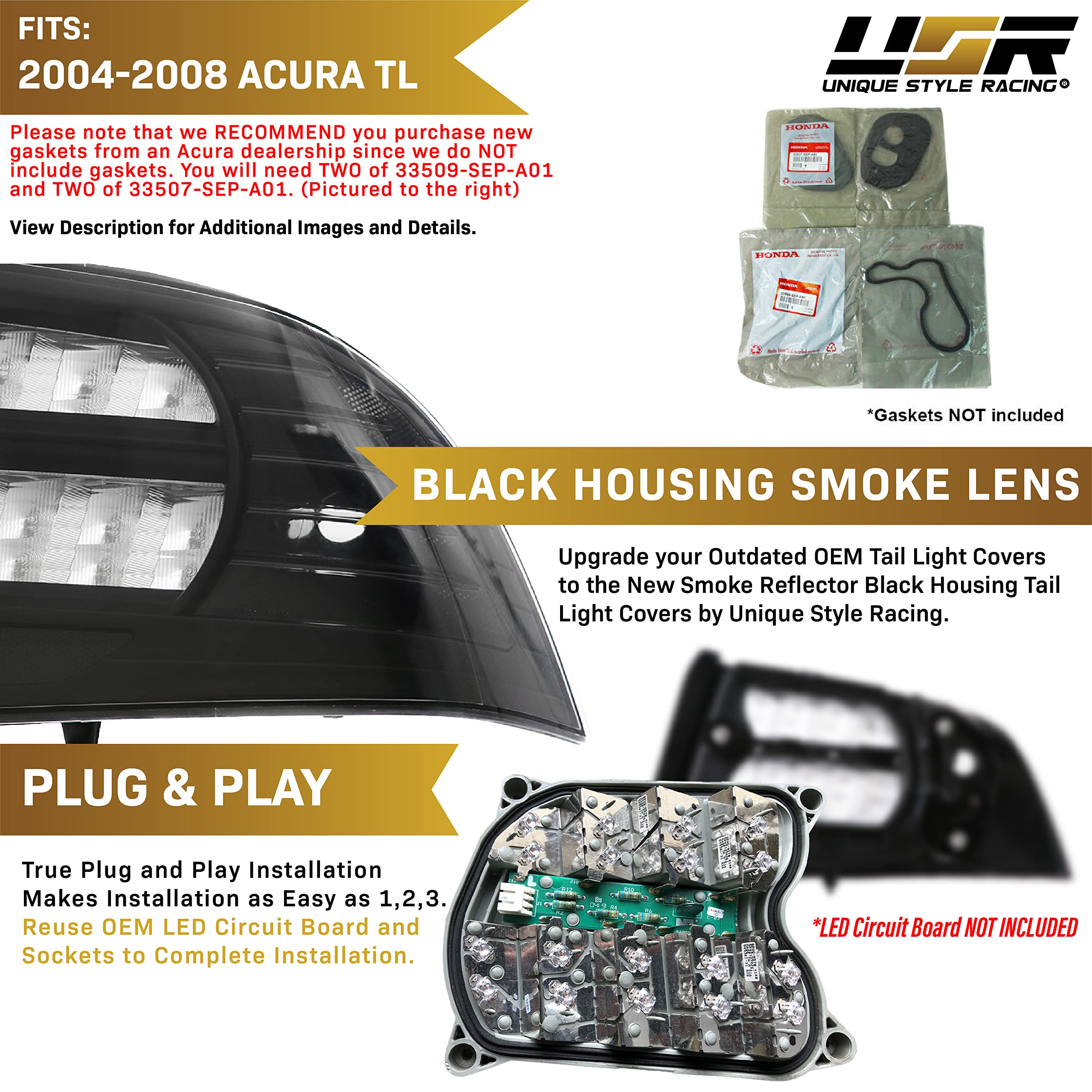 USR UNIQUE STYLE RACING JDM Style Black Housing Tail Lights for 2004-2008 Acura TL (Left + Right) - Smoke Lens Rear Lamps Cover