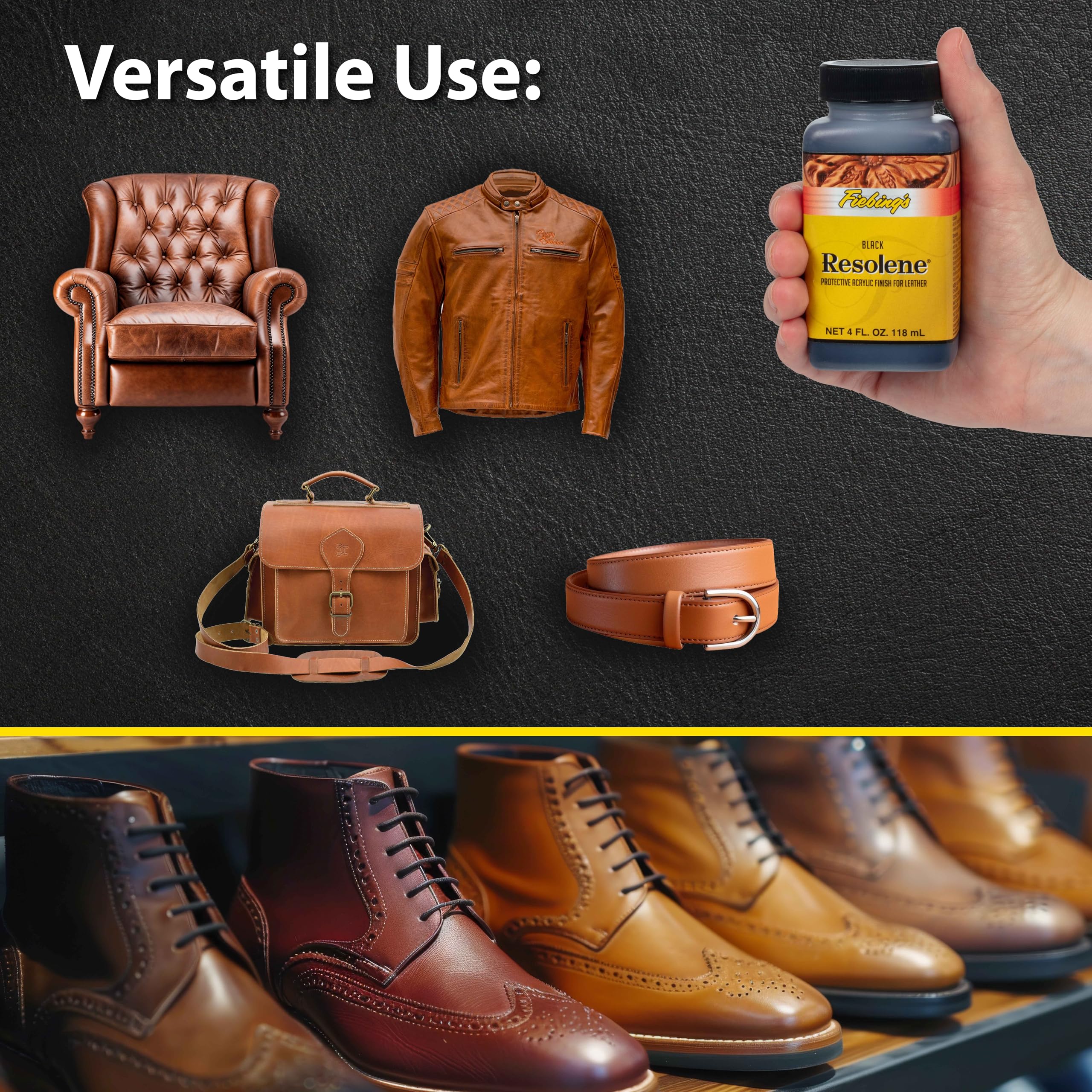 Fiebing 'S Acrylic Resolene (4 Ounce, Black) - Protective Acrylic Leather Finisher - Flexible, Water Resistant Top Coat For Dyed