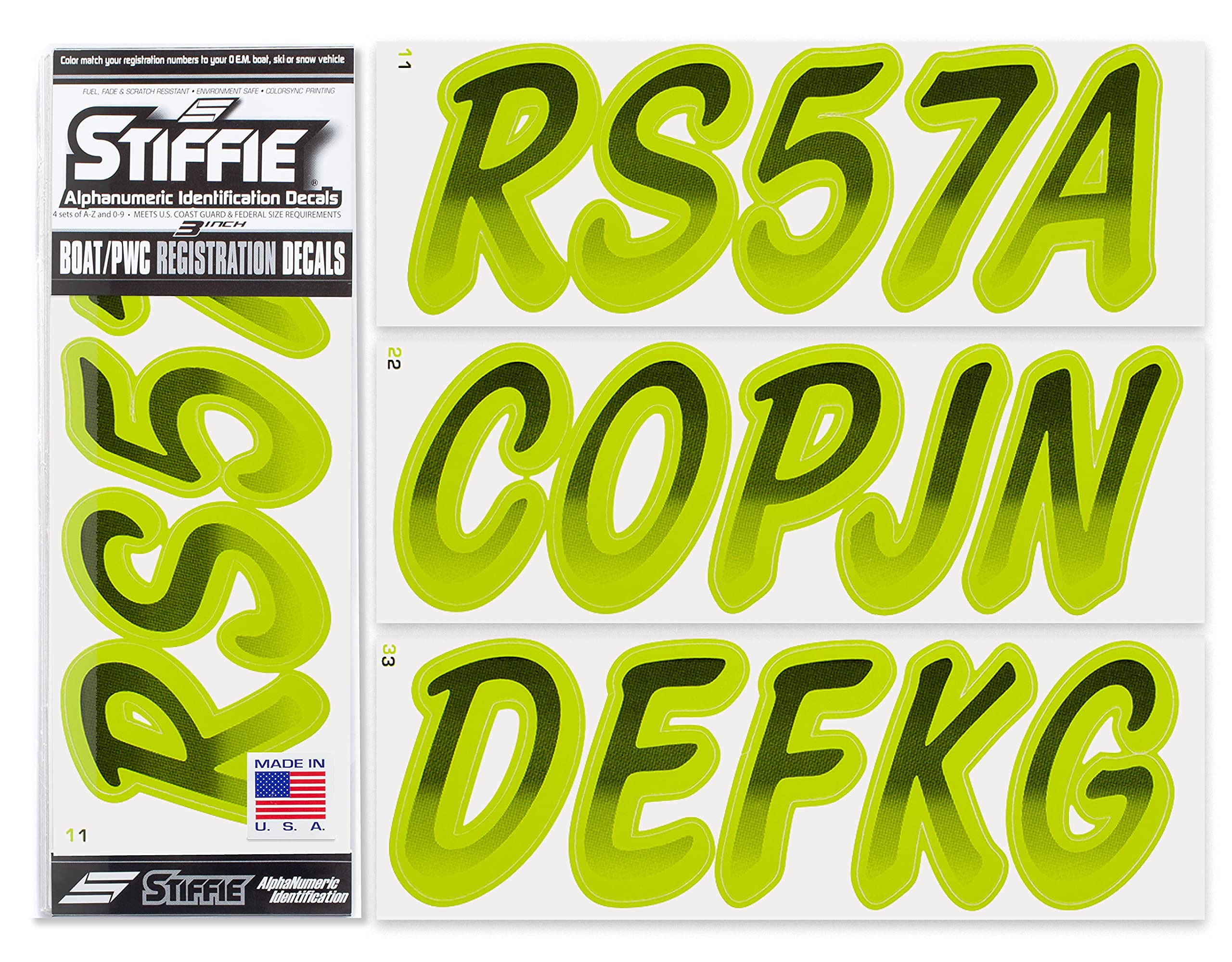 Stiffie Whipline Black/Electric Lime 3 '' Boat & Pwc Registration Decals  Numbers Letters Stickers