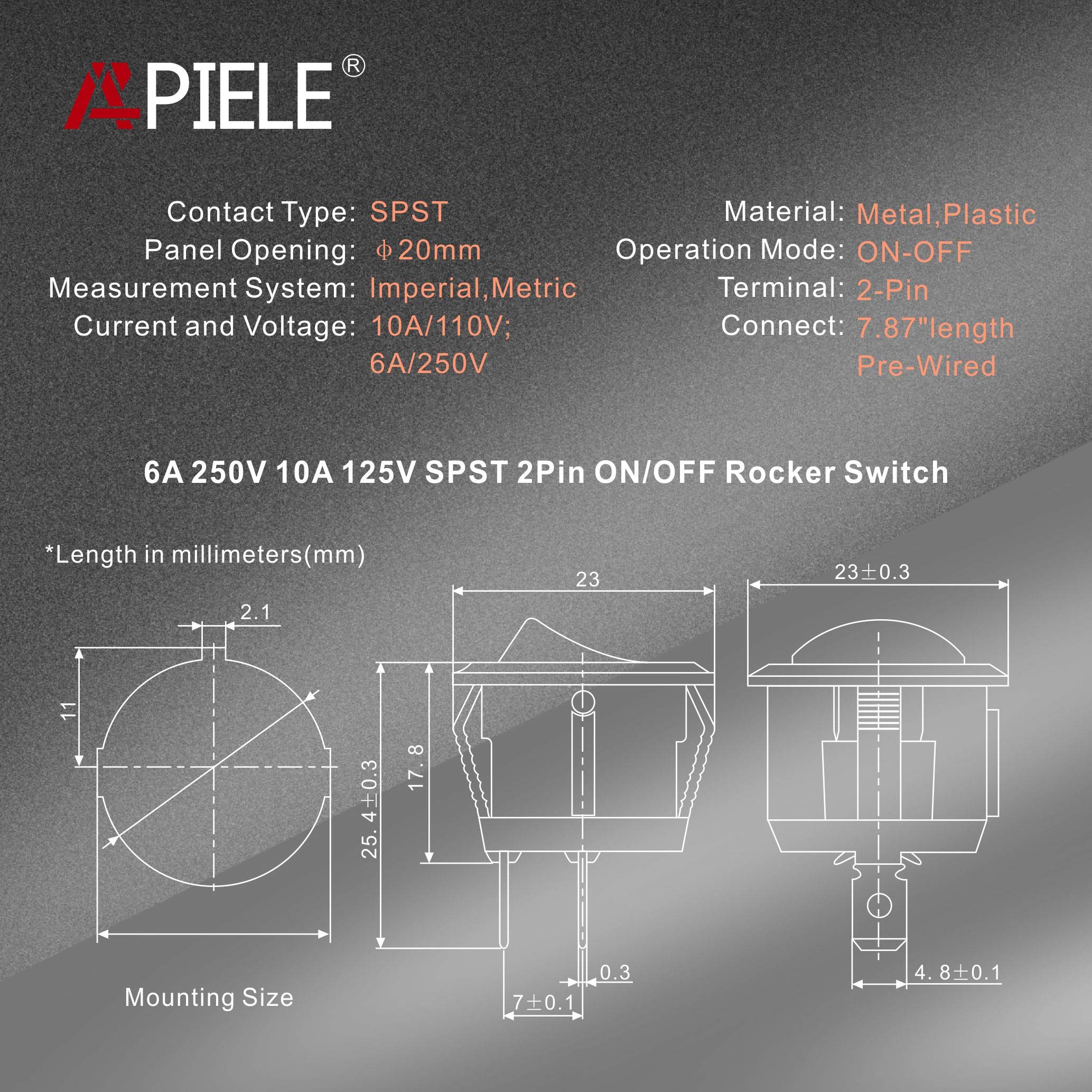 Apiele 5Pcs Rocker Switch On Off Kcd1 Mini Round Toggle Switch Spst 2Pin Snap-In Design Car Boat Automotive With Wires Pre-Wired Ac 6A/250V 10A/125V 12Vdc