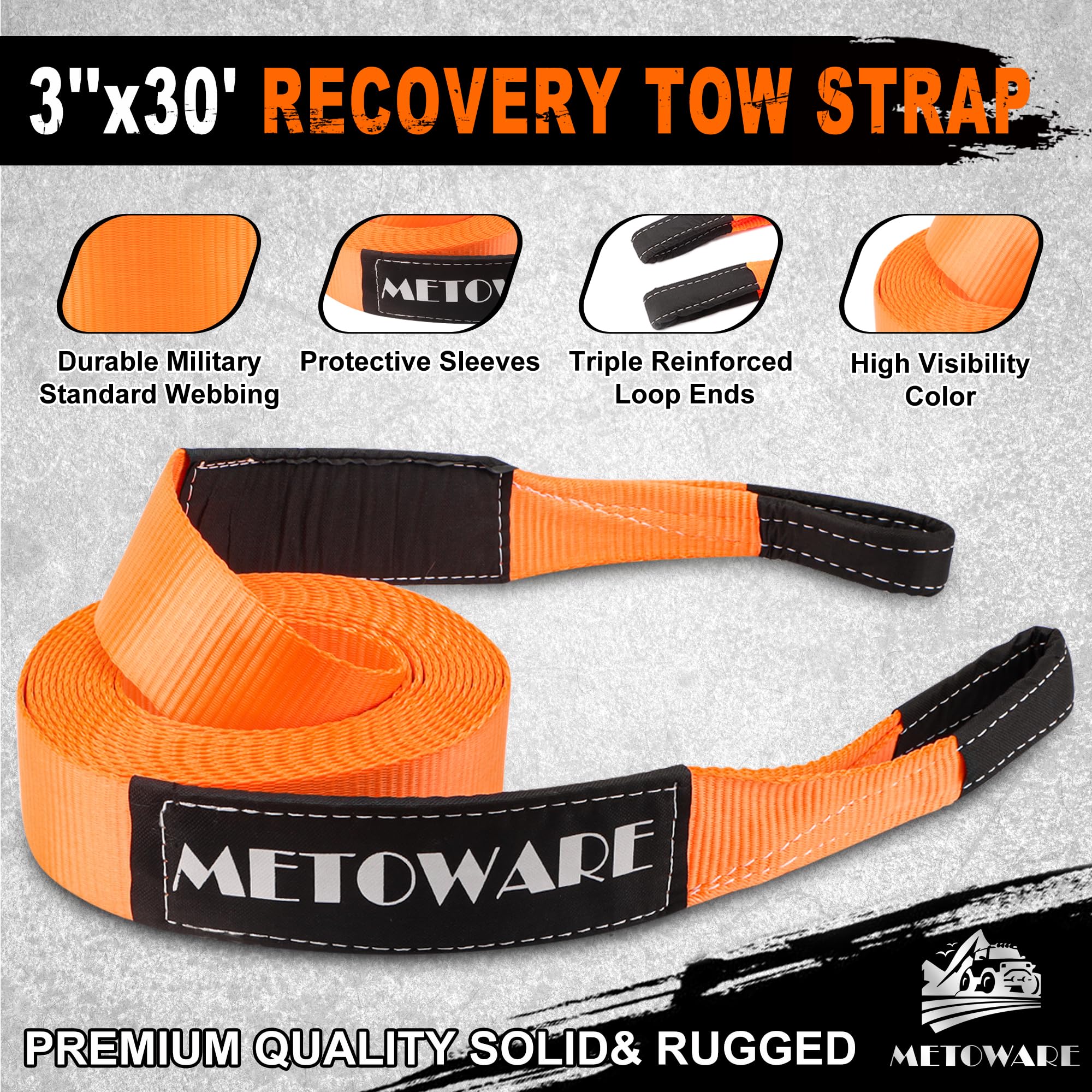 Metoware Heavy Duty Tow Strap Recovery Kit - 3'' X 30Ft(35,000Lbs) Winch Strap + 3/4'' D Ring Shackles(2Pcs) +2'' Shackle Hitch