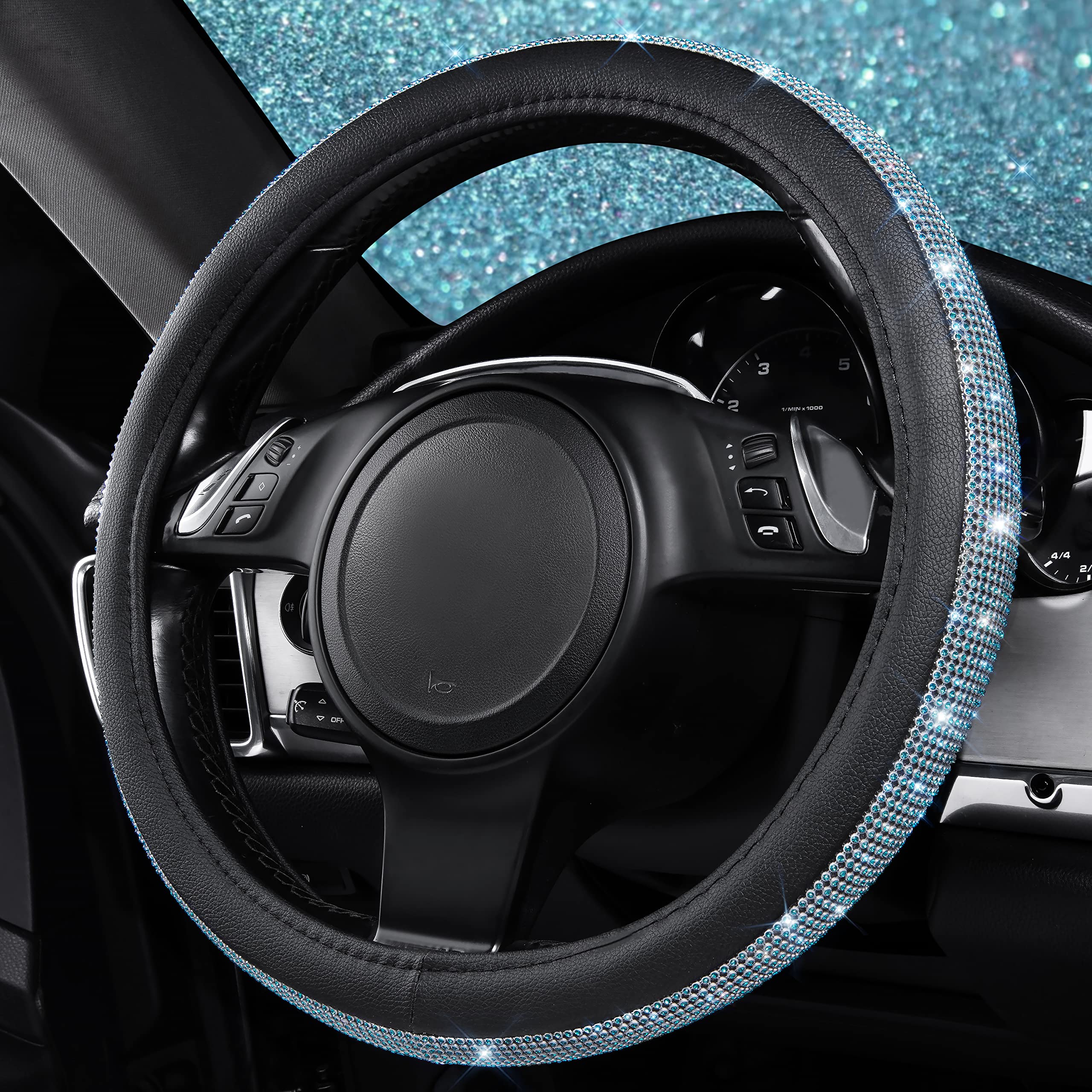 Car Pass Mint Diamond Black Leather Steering Wheel Cover, Bling Blue Crystal Rhinestones Universal Fit 14''1/2-15'' Crystal Glit