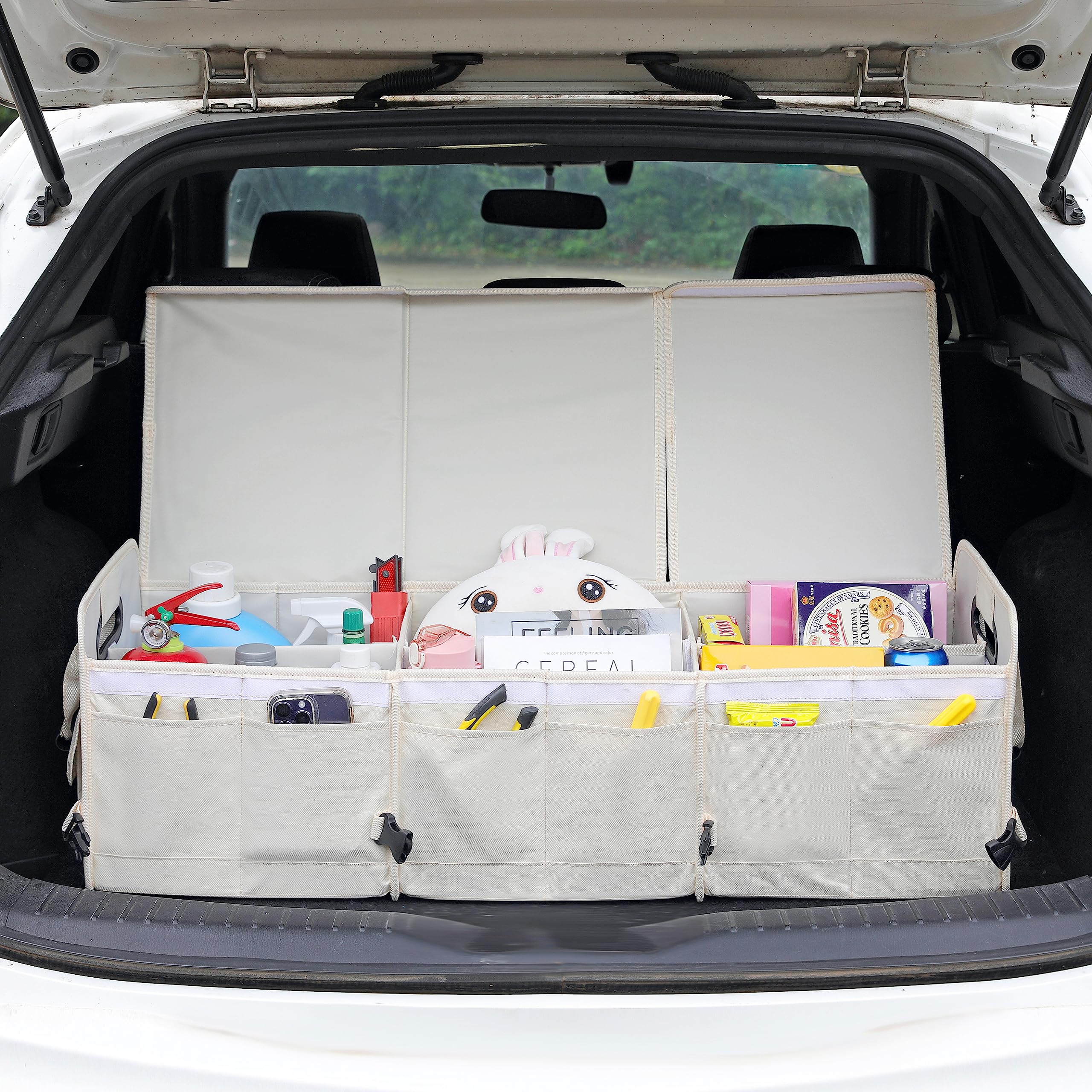 Aokjoy Car Trunk Organizer With Lid Storage Collapsible Multi Compartment Adjustable Straps For Suv, Truck, Sedan(Beige) Xl